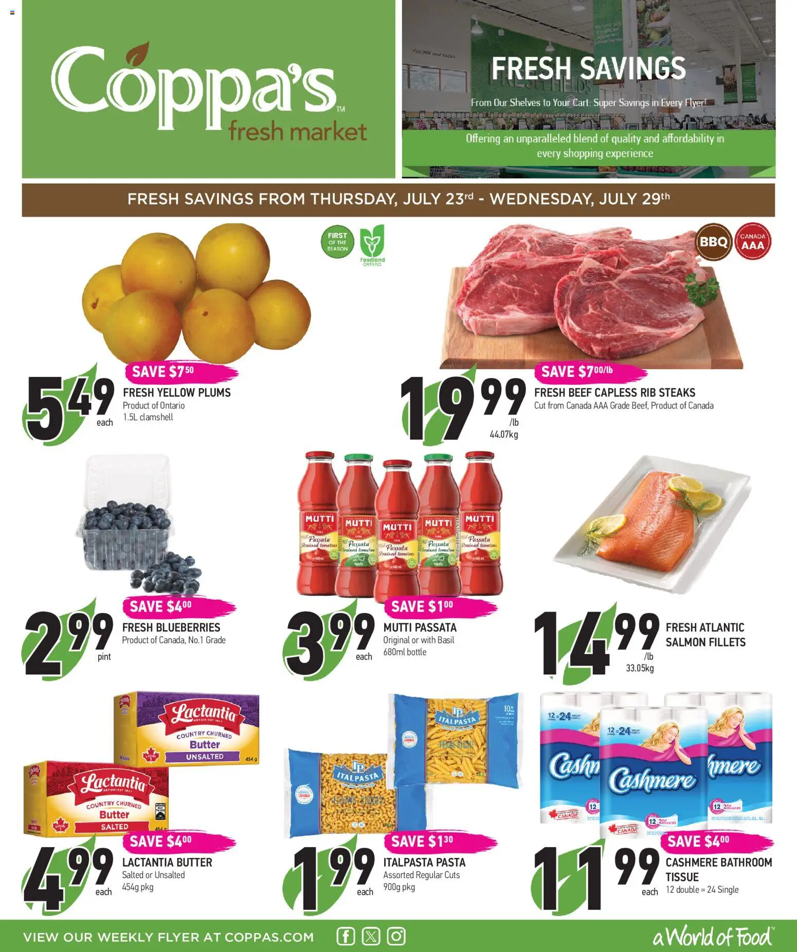 Preview of leaflet Coppas Fresh Market weekly flyer / circulaire from shop Coppas Fresh Market is valid from Jul 23, 2026 - Food, Pasta, Salmon, Blueberries, Butter, Tomatoes, Beef, Plums
