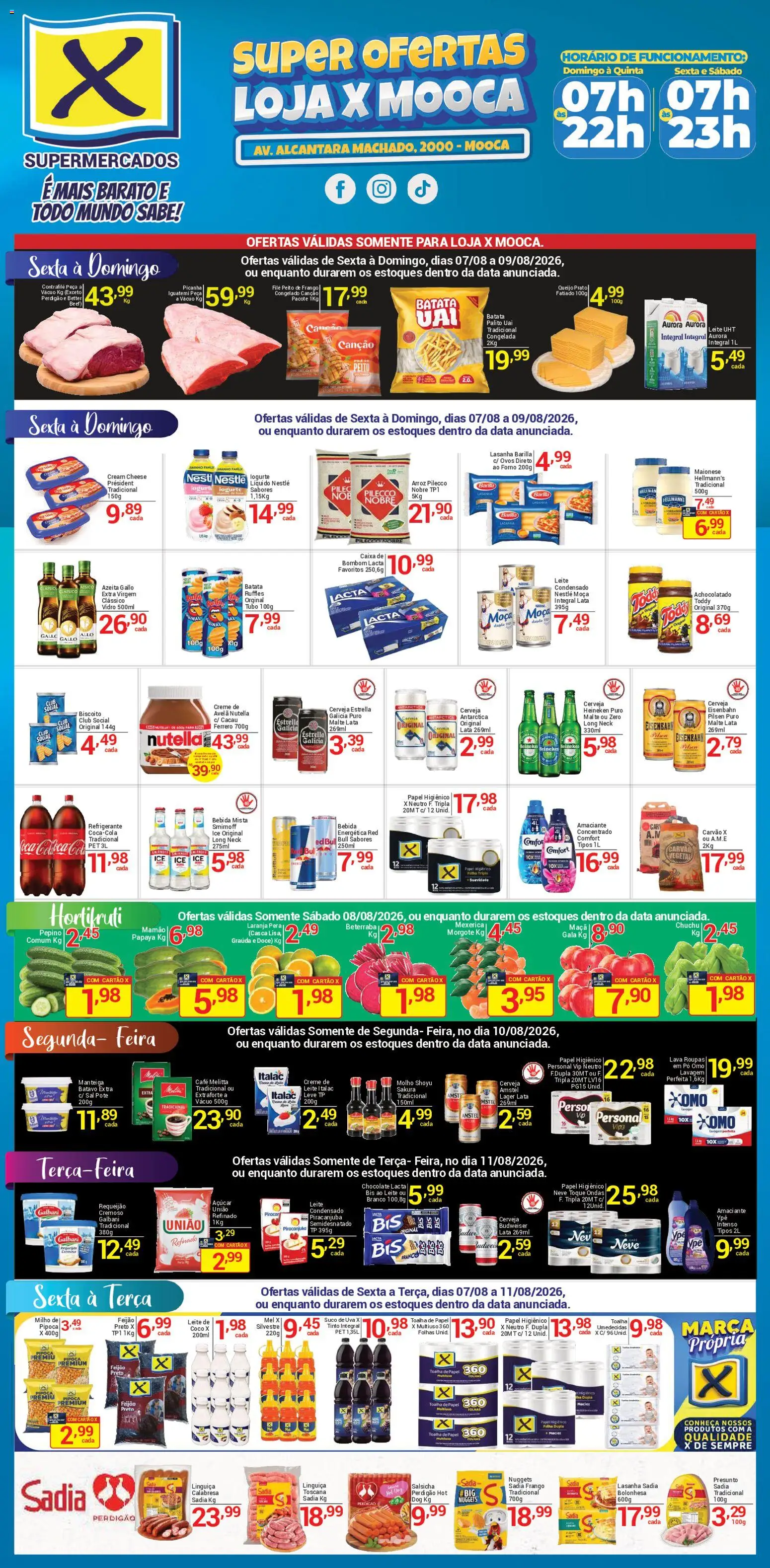 Pré-Visualização do folheto "X Supermercados - Ofertas da semana" da loja X Supermercados válido a partir de 07/08/2026 - Caixa, Cerveja, Cream cheese, Sal, Uva, Feijão, Açúcar, Papel higiênico