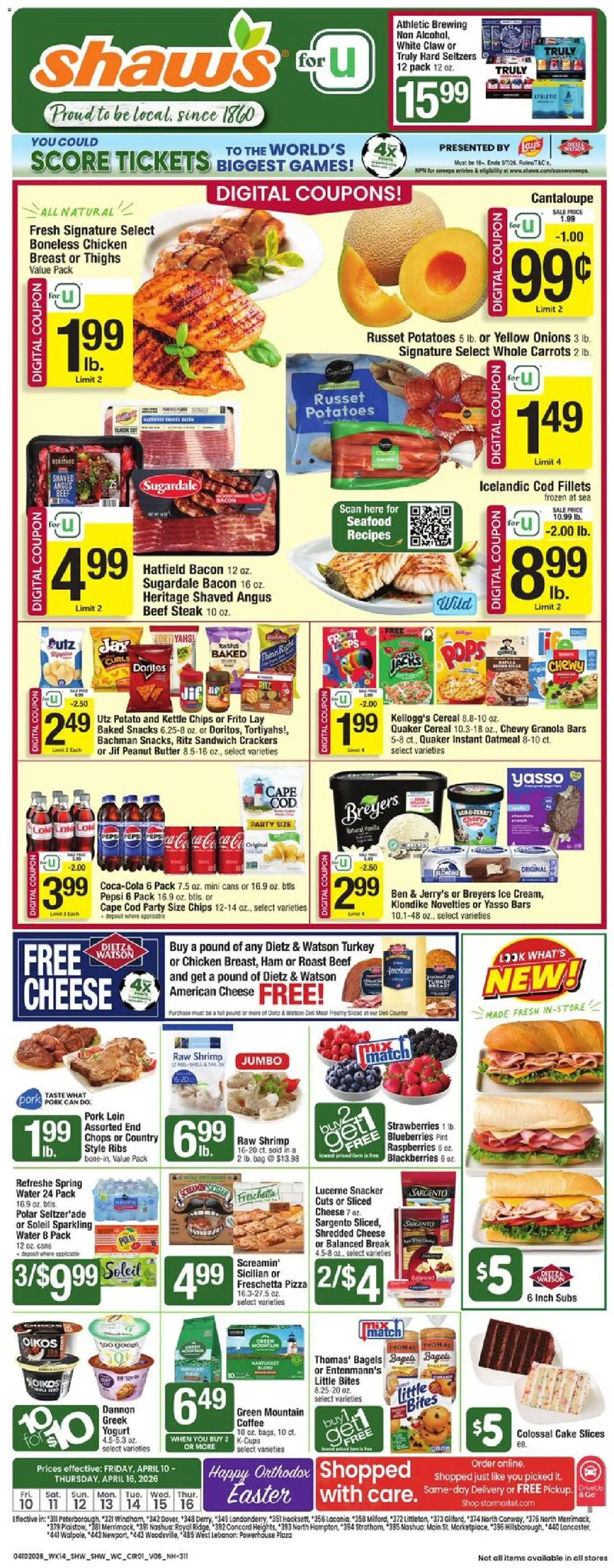 Ad Preview of Shaw's Shaw's Weekly Ad - NH from 04/10/2026 - Pizza, Coffee, Chips, Strawberries, Cheese, Potatoes, Ham, Spring water