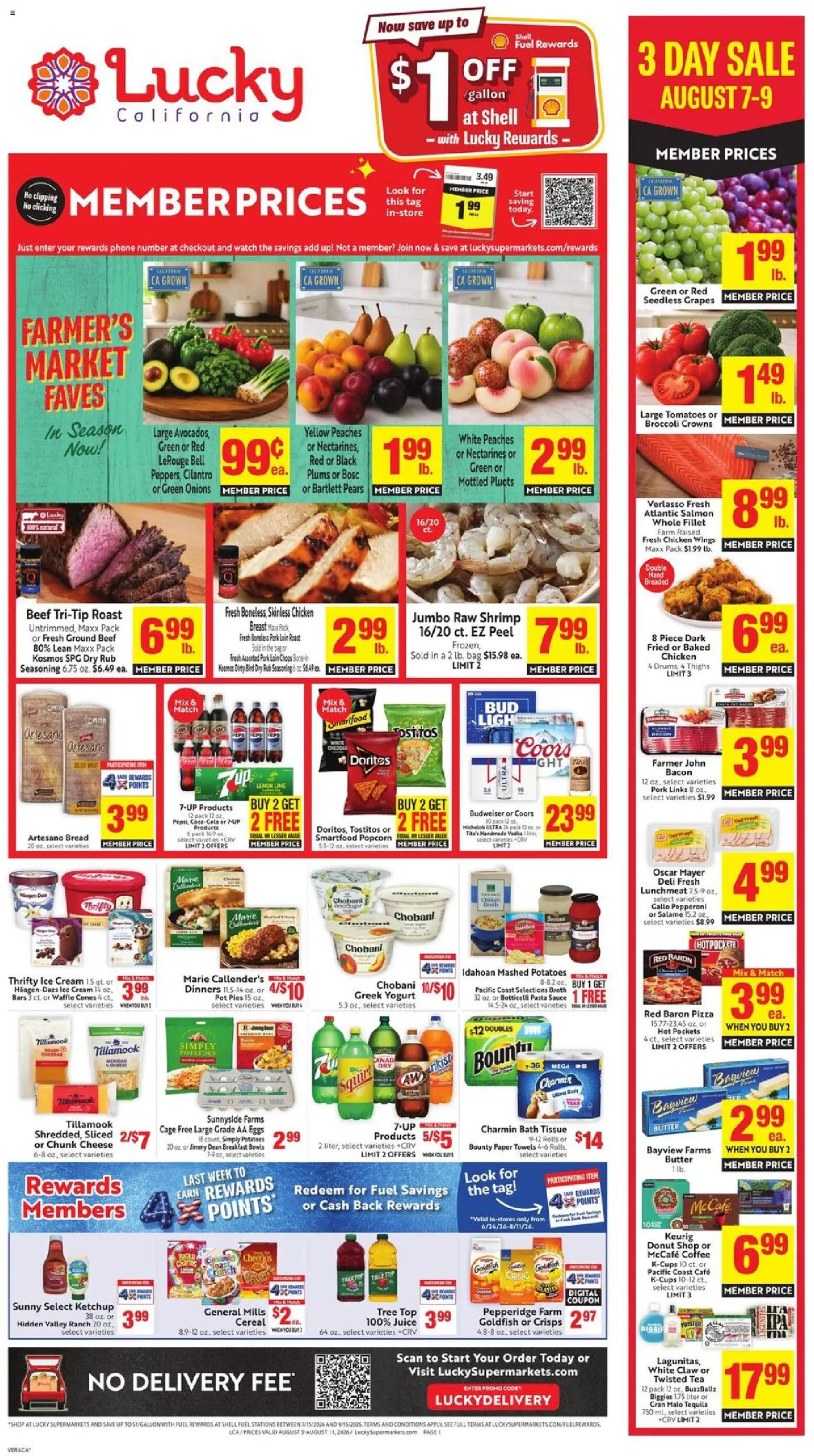 Ad Preview of Lucky Supermarkets Lucky Supermarkets Weekly Ad from 08/05/2026 - Coffee, Tea, Watch, Popcorn, Chicken wings, Juice, Grapes, Ketchup