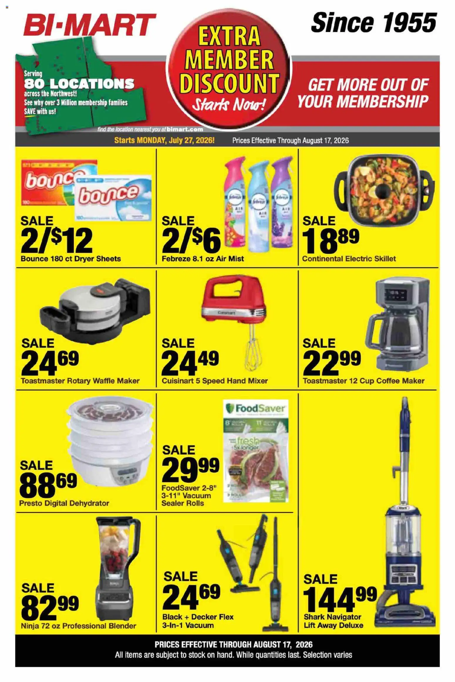 Ad Preview of Bi-Mart Bi-Mart Weekly Ad from 07/27/2026 - Coffee, Blender, Vacuum, Coffee maker, Skillet, Dryer, Vacuum Sealer, Mixer