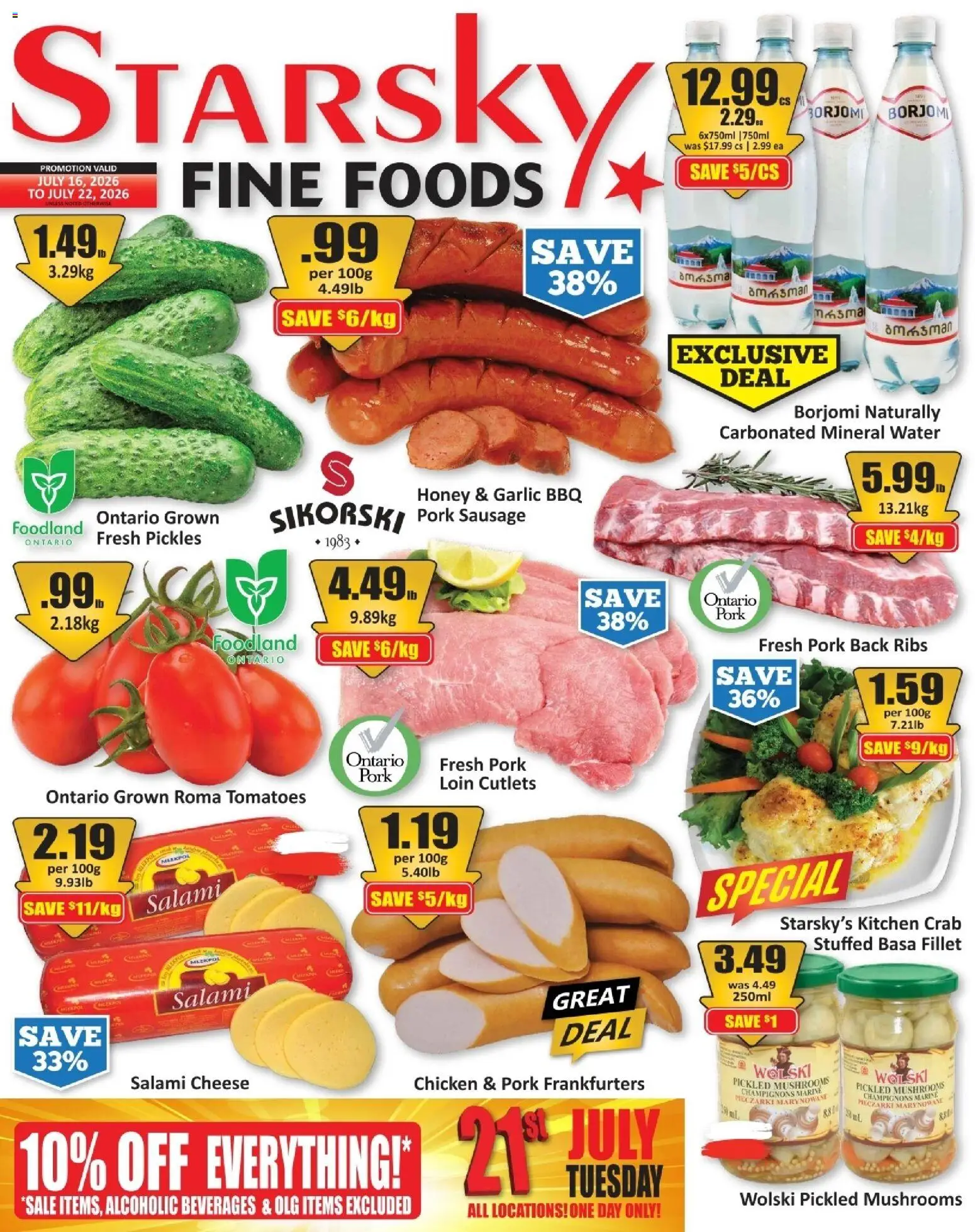 Preview of leaflet Starsky weekly flyer / circulaire from shop Starsky is valid from Jul 16, 2026 - Water, Honey, Mushrooms, Cheese, Tomatoes, Garlic, Salami, Fillet