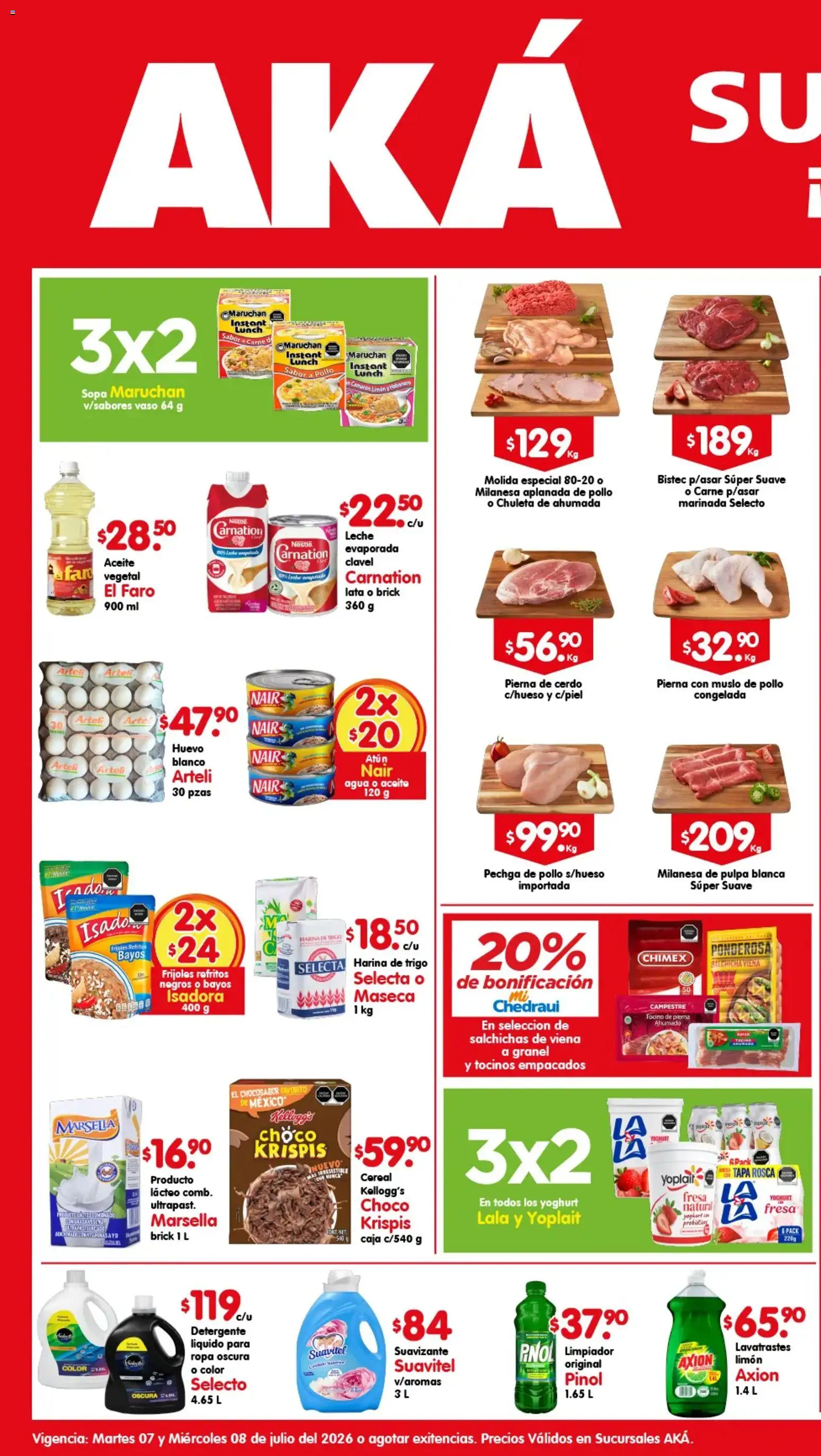 Vista previa las ofertas de la tienda Arteli - Arteli folleto Aká Super Bodega desde el 07/07/2026 - Pollo, Cerdo, Caja, Detergente, Milanesa, Salchicha, Limpiador, Suavizante