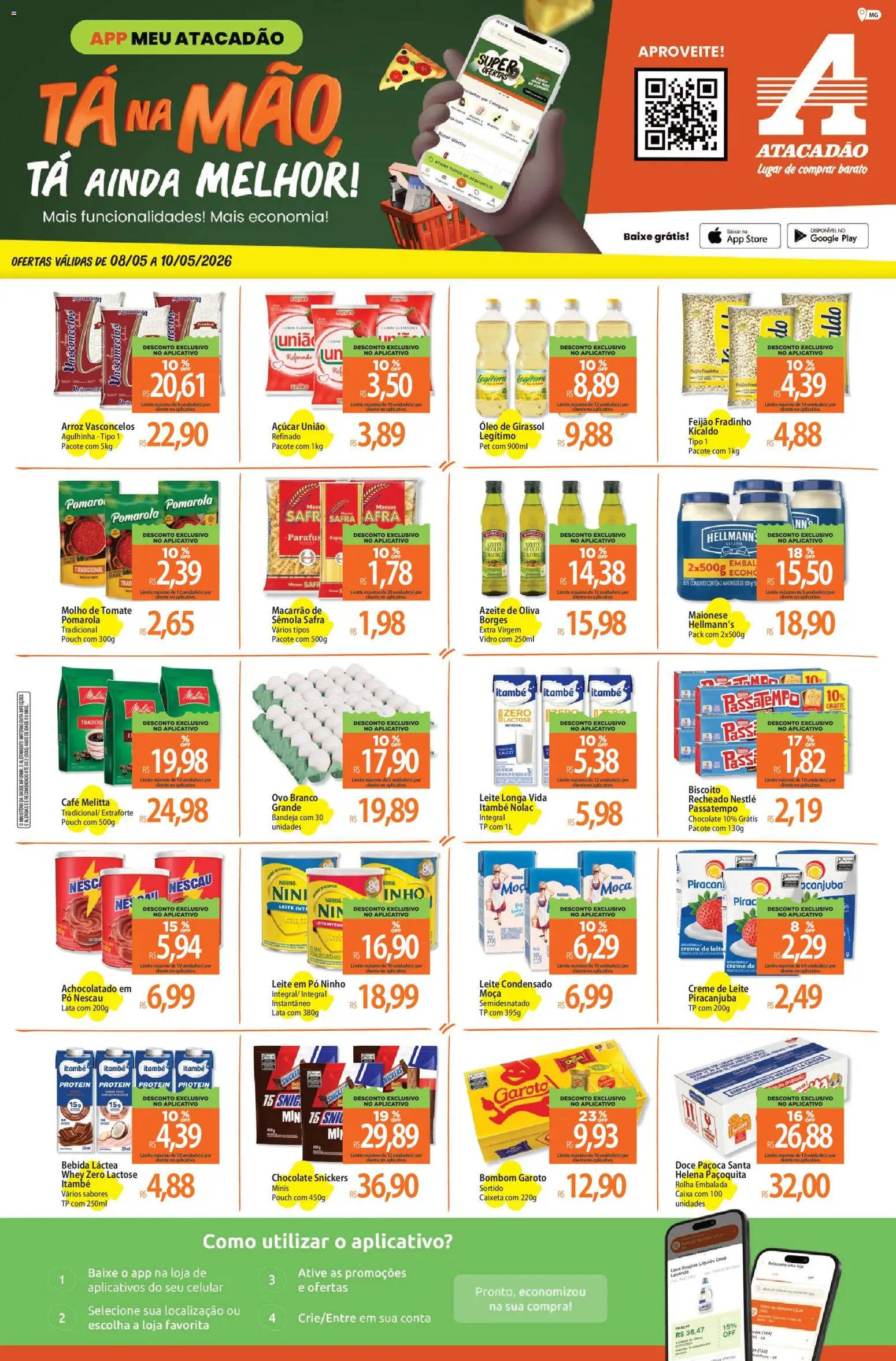 Pré-Visualização do folheto "Atacadão ofertas - MG" da loja Atacadão válido a partir de 08/05/2026 - Roupas, Arroz, Biscoito, Batata, Maionese, Nescau, Pó, Chocolate Snickers