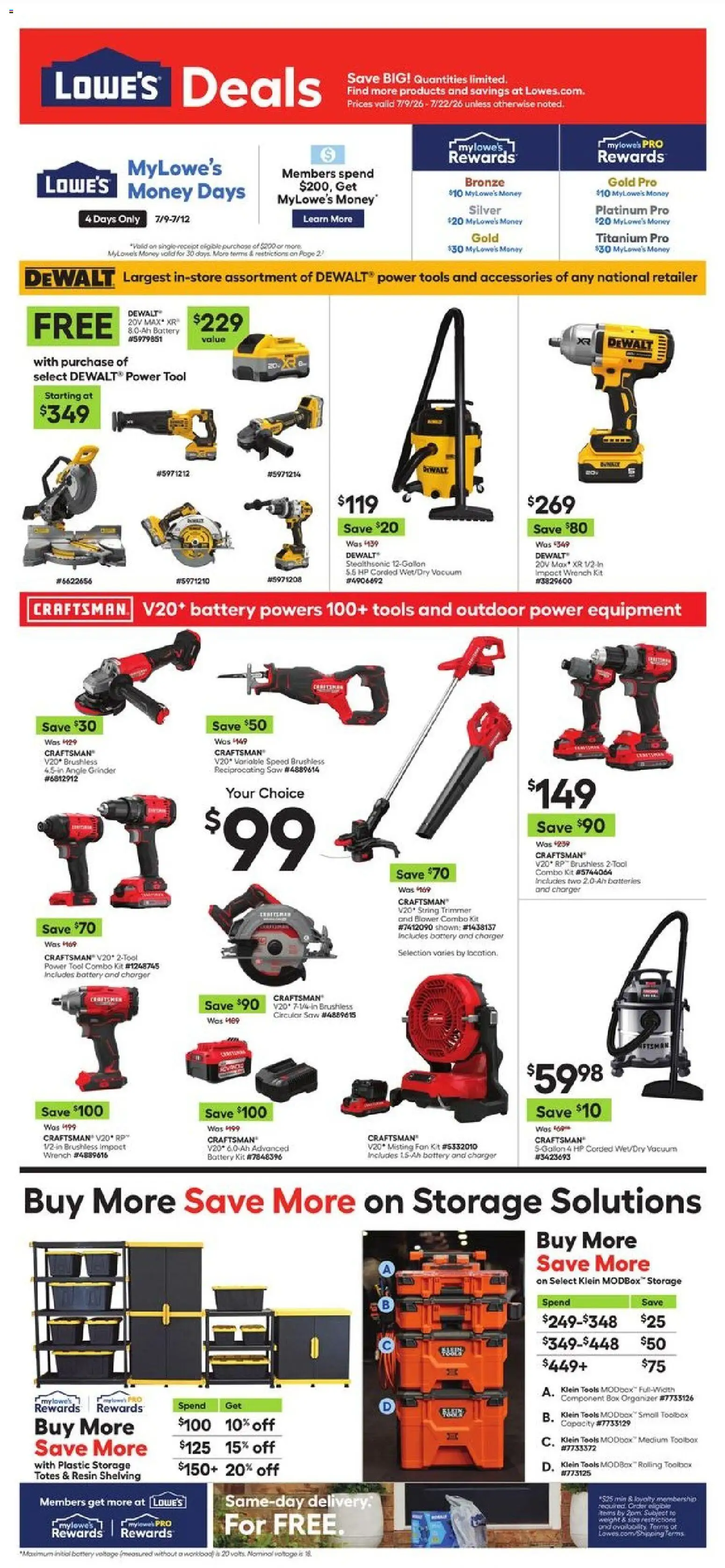 Ad Preview of Lowe's Lowe's Weekly Ad from 07/09/2026 - Box, Vacuum, Battery, Wrench, Reciprocating Saw, Blower, Trimmer, String trimmer