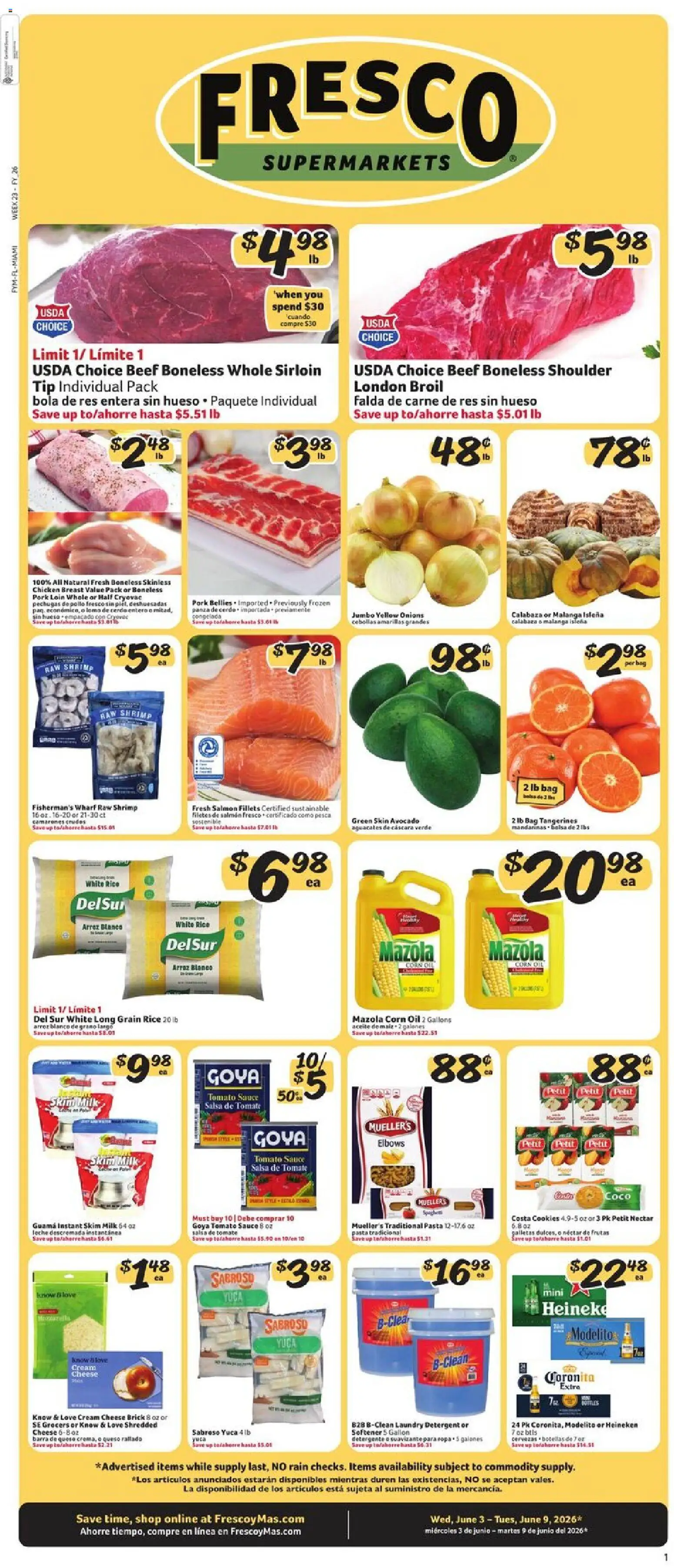 Ad Preview of Fresco y Más Fresco y Más Weekly Ad from 06/03/2026 - Cheese, Milk, Tomato, Corn, Cream cheese, Bag, Pork loin, Chicken