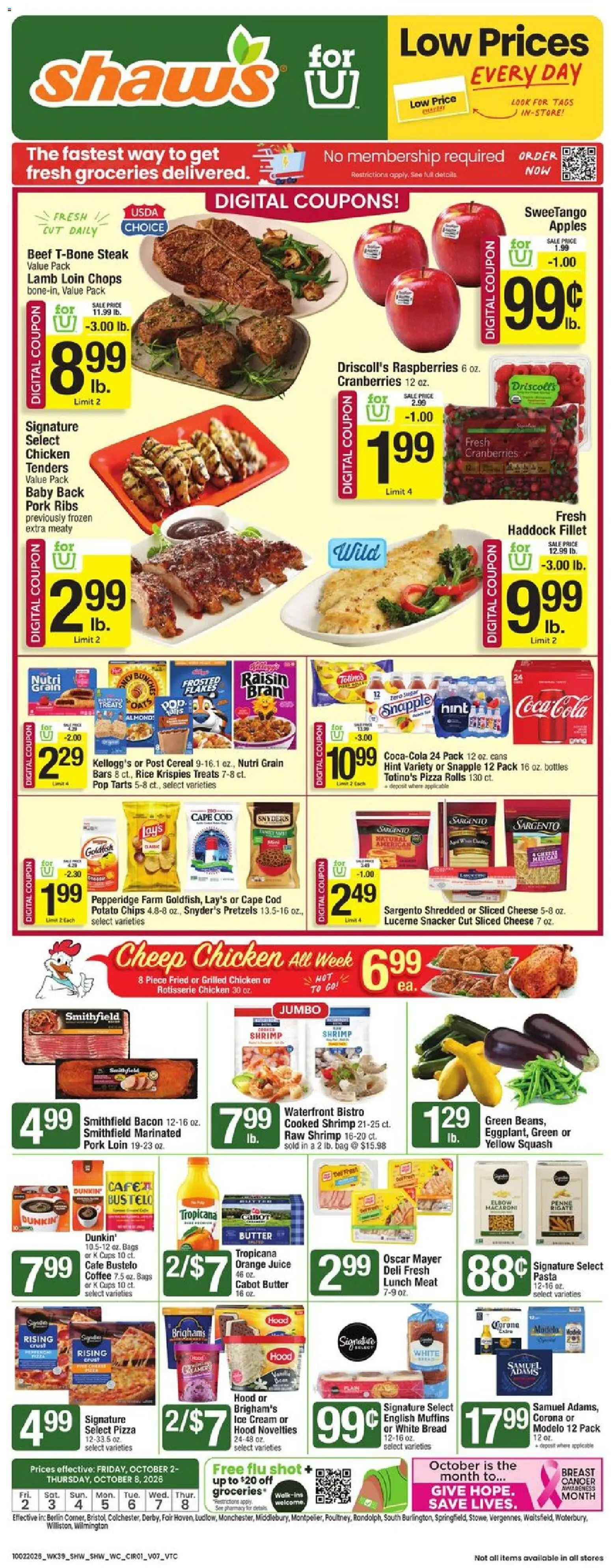 Ad Preview of Shaw's Shaw's Weekly Ad from 10/02/2026 - Groceries, Squash, Cranberries, Beans, Bag, Pork, Orange juice, Potato chips
