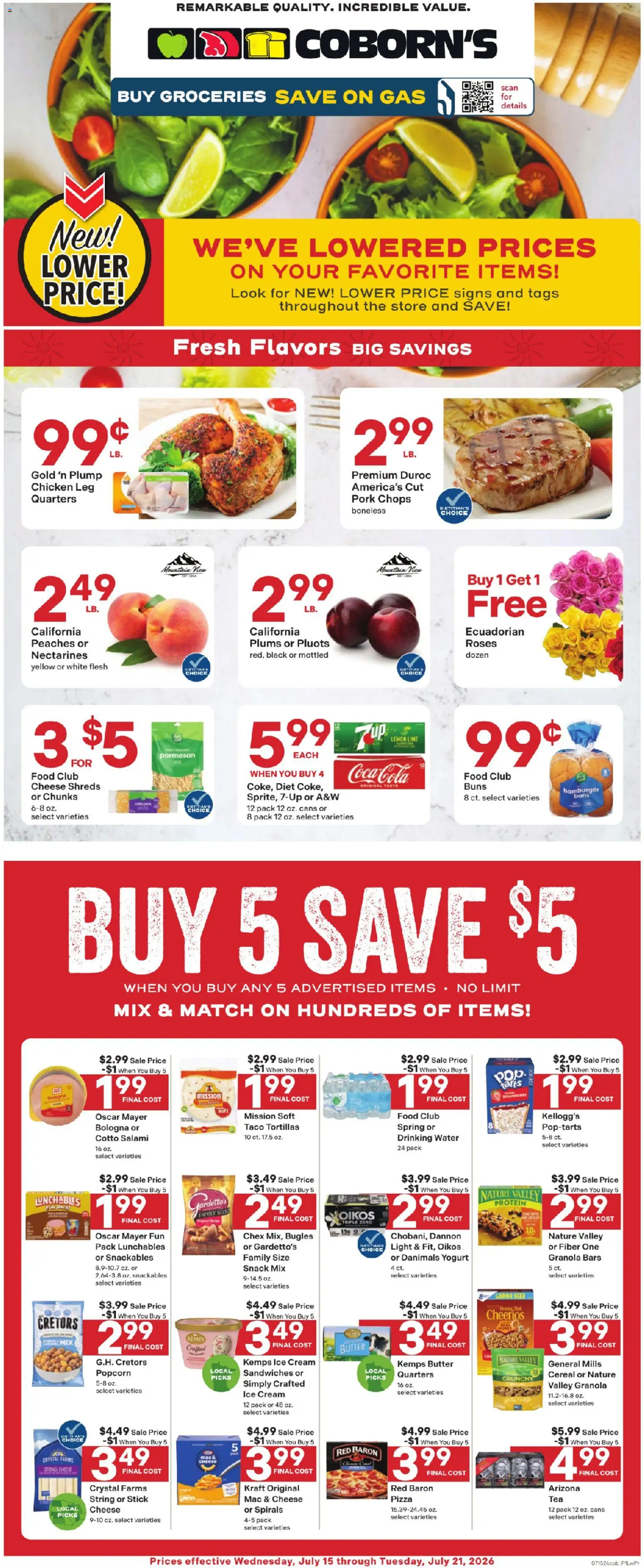 Ad Preview of Coborn's Coborn's Weekly Ad from 07/15/2026 - Water, Hamburger, Peaches, Yogurt, Plums, Lime, Cream, Chicken