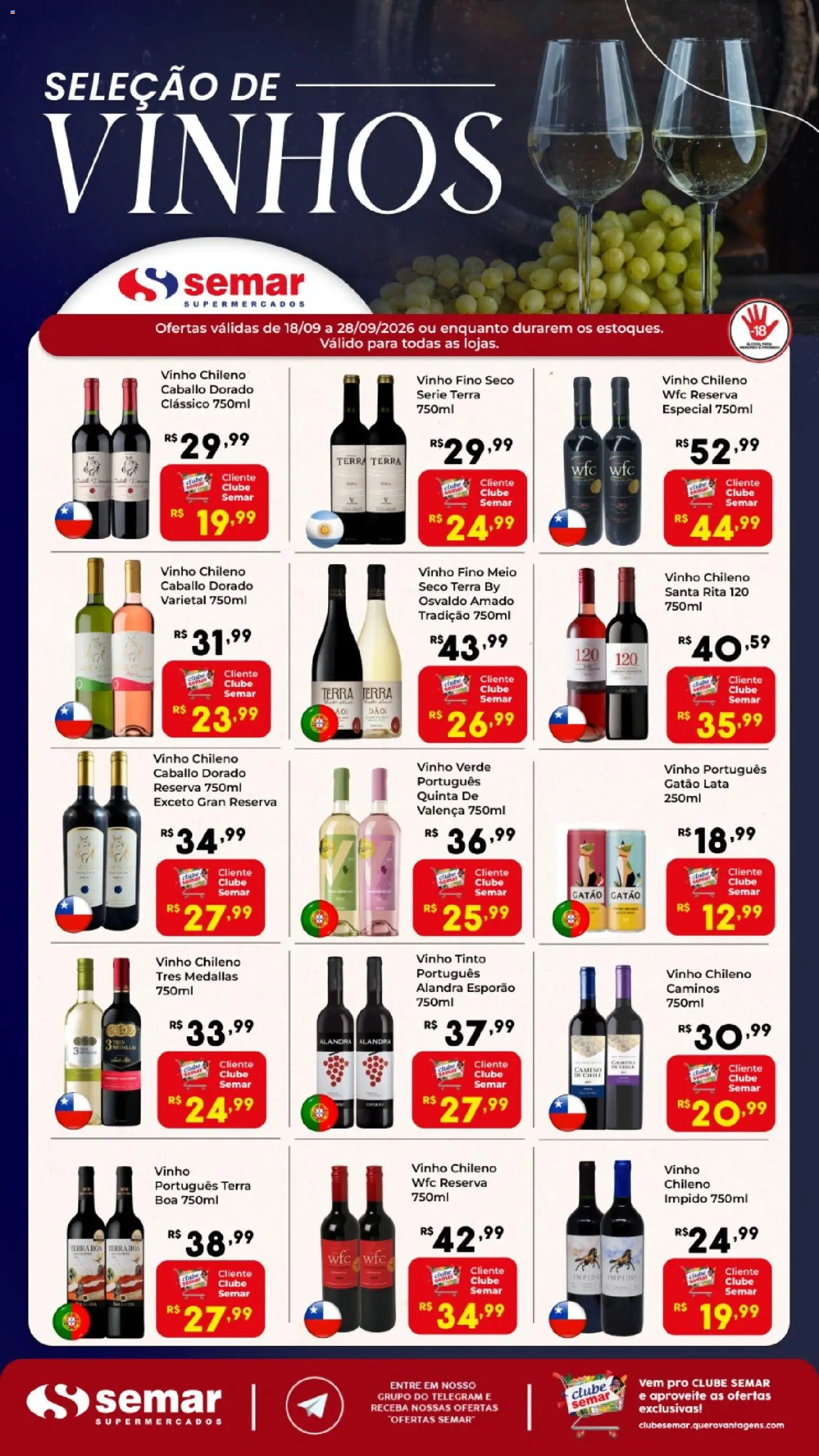 Pré-Visualização do folheto "Semar Supermercado ofertas Vinhos" da loja Semar Supermercado válido a partir de 18/09/2026 - Vinho, Vinho tinto
