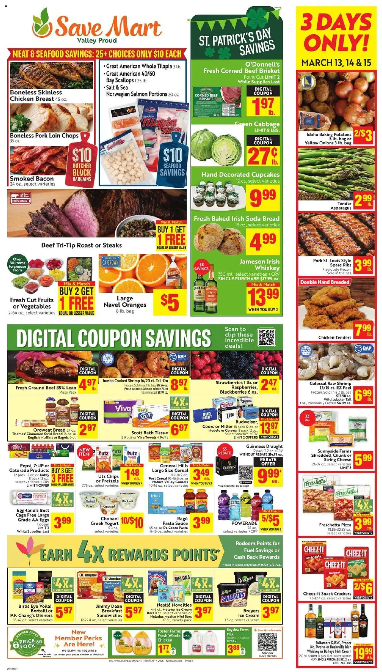 Ad Preview of Save Mart Save Mart Weekly from 03/11/2026 - Pizza, Pasta, Asparagus, Beef, Crackers, Bath, Cream, Snickers