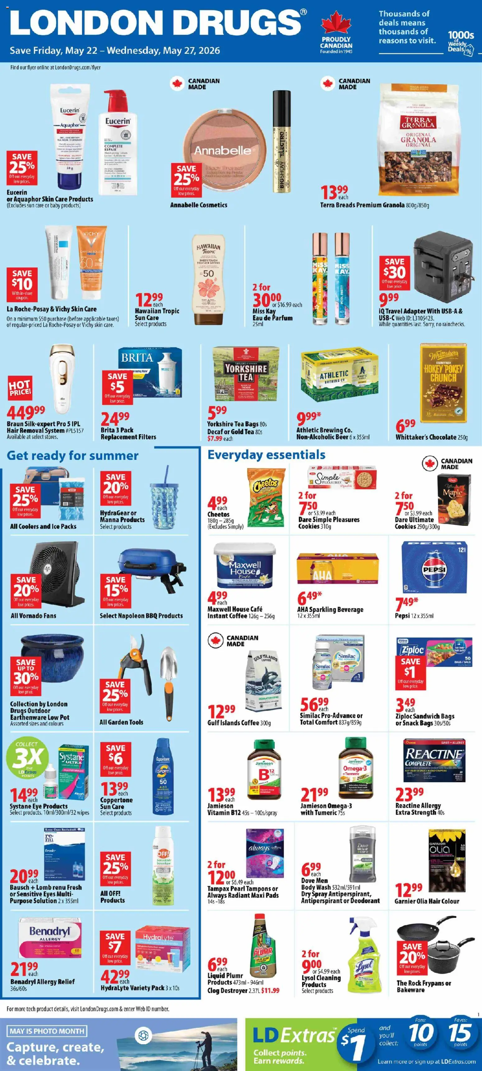 Preview of leaflet London Drugs weekly flyer / circulaire from shop London Drugs is valid from May 22, 2026 - Coffee, Cookies, Tea, Tools, Tampons, Antiperspirant, Instant coffee, Adapter