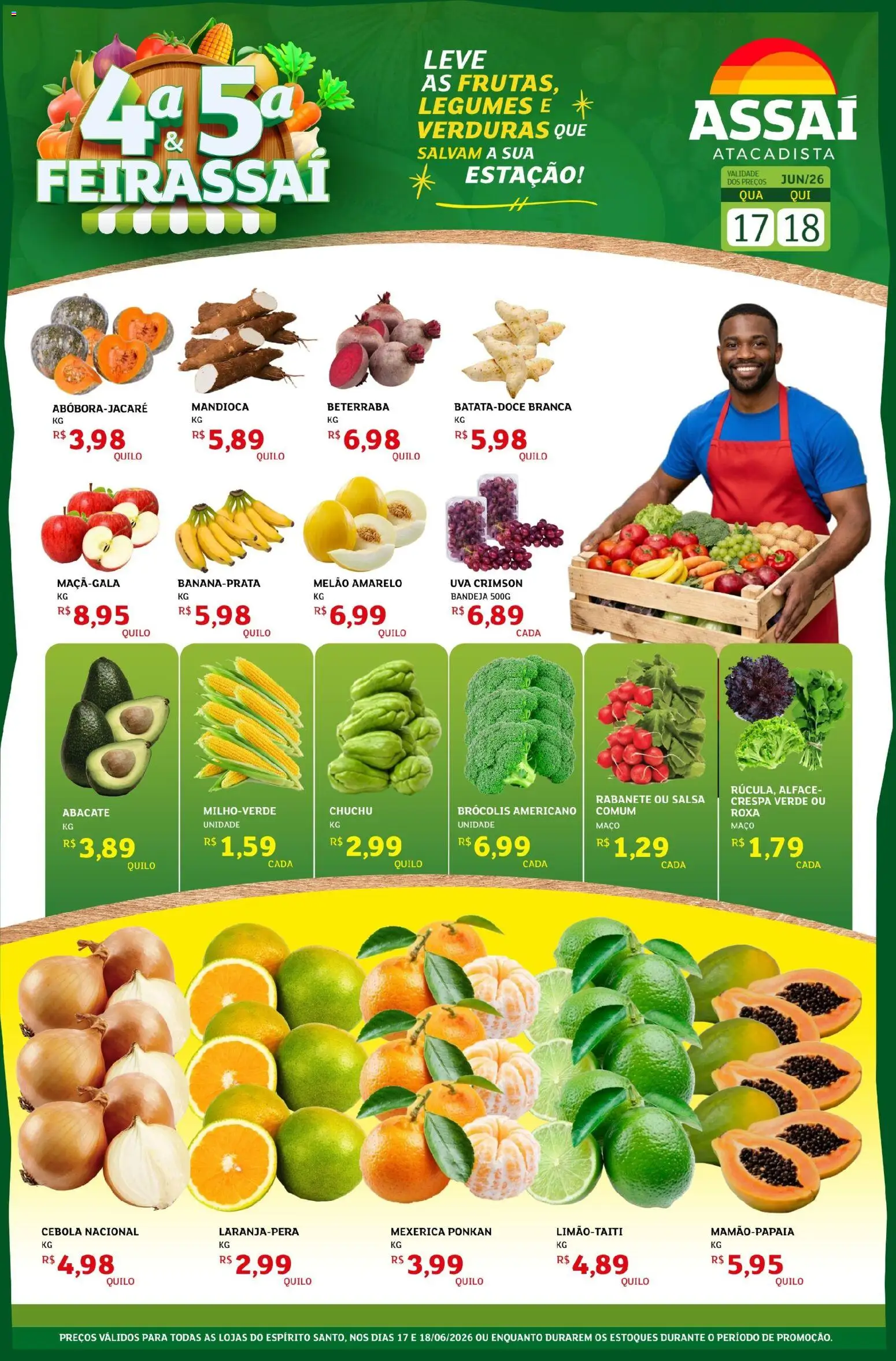Pré-Visualização do folheto "Assaí Atacadista ofertas - ES" da loja Assaí Atacadista válido a partir de 17/06/2026 - Chuchu, Legumes, Beterraba, Rabanete, Mexerica, Salsa, Bandeja, Melão amarelo