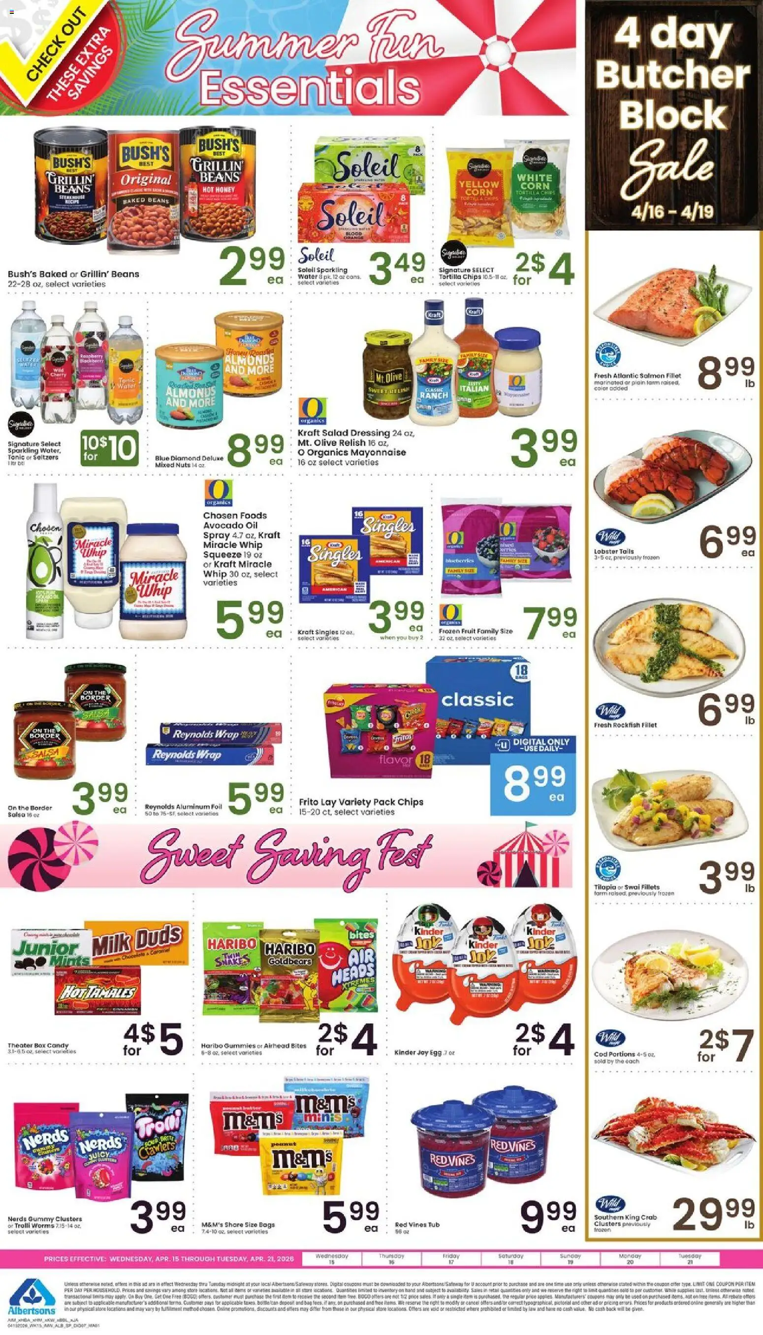 Ad Preview of Albertsons Albertsons Specialty Publication from 04/15/2026 - Candy, Chips, Honey, Dressing, Milk, Raspberry, Beans, Almonds