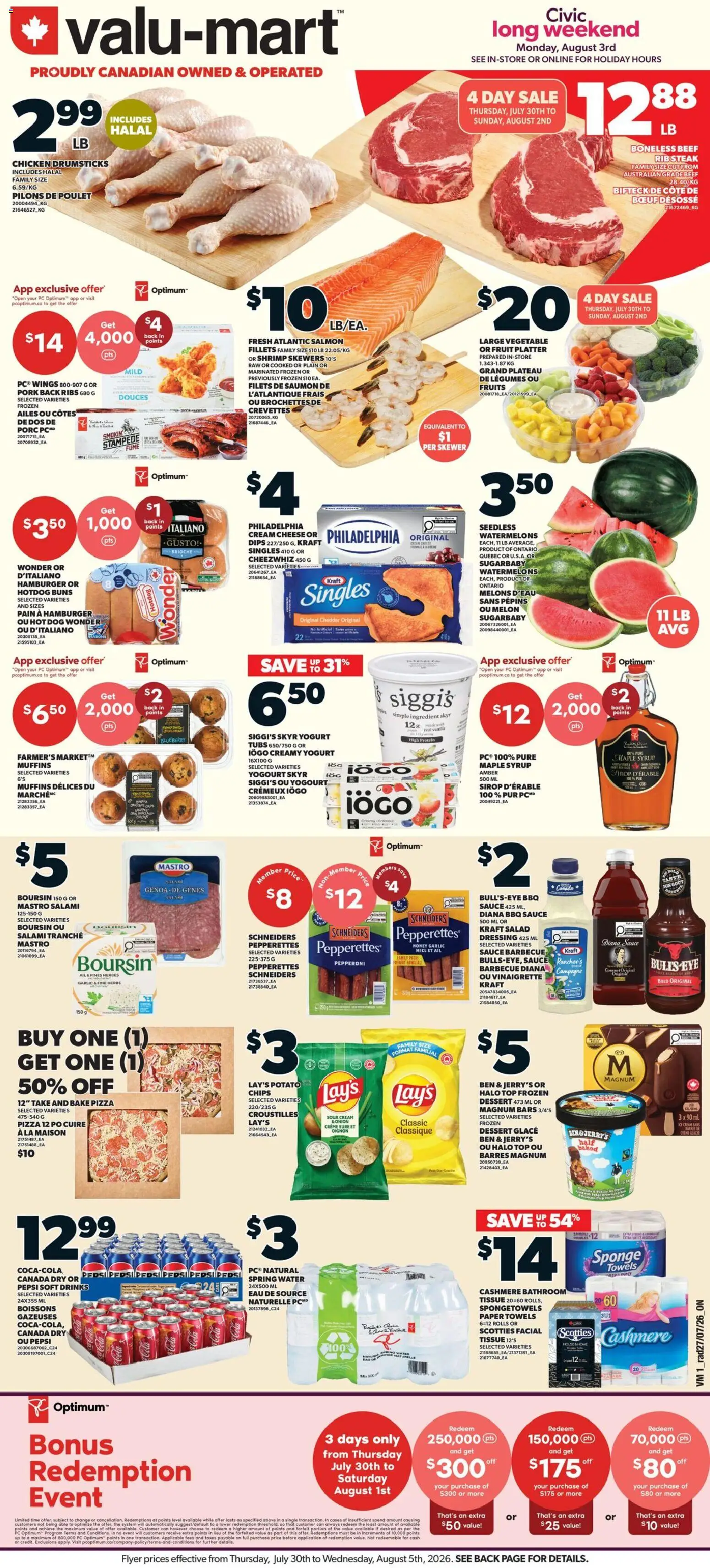 Preview of leaflet Valu Mart weekly flyer from shop Valu Mart is valid from Jul 30, 2026 - Pizza, Maple syrup, Shrimp, Protein, Legumes, Spring water, Sour cream, Magnum