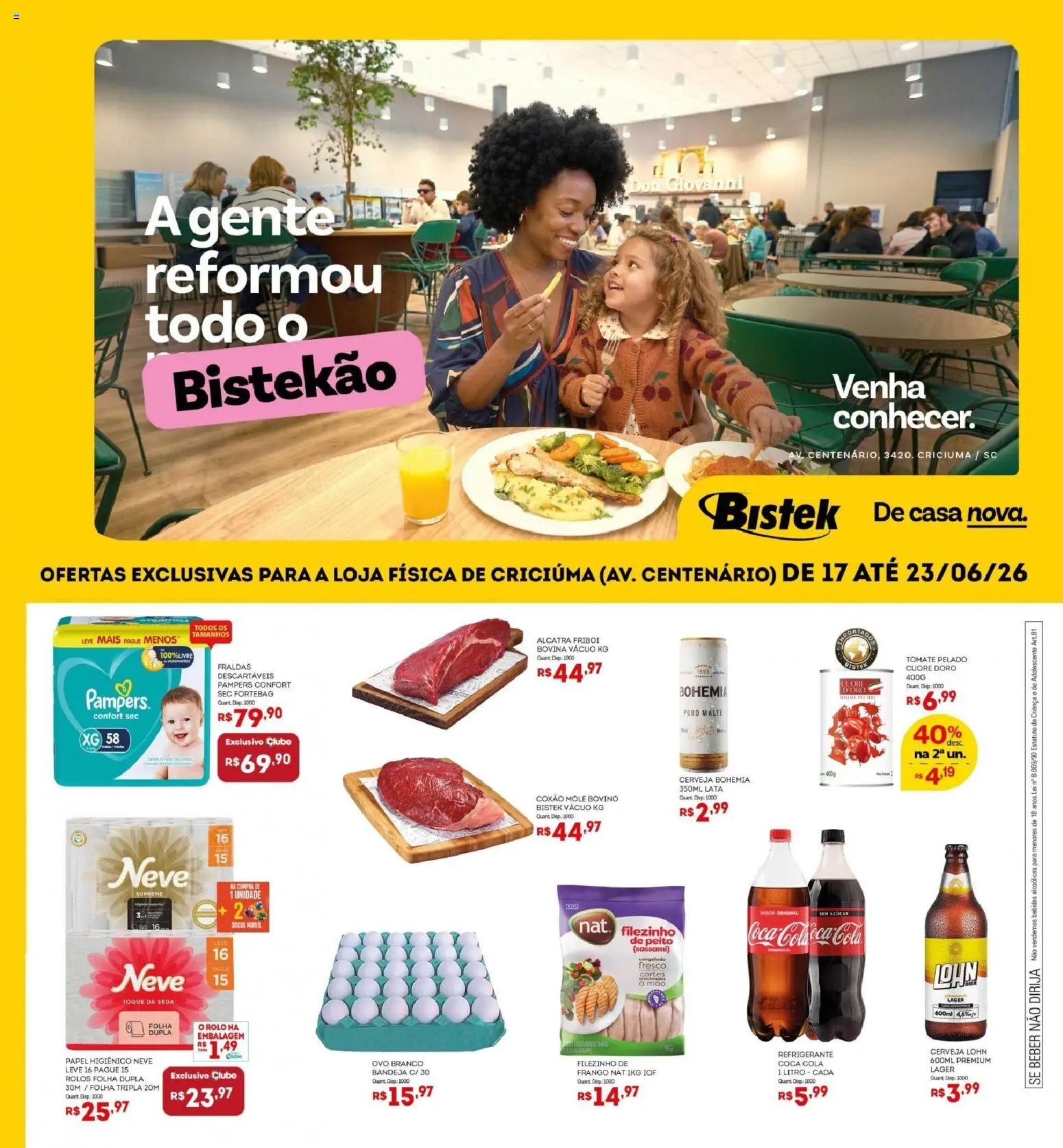 Pré-Visualização do folheto "Bistek Supermercados ofertas Bistekâo" da loja Bistek Supermercados válido a partir de 17/06/2026 - Cerveja, Fraldas, Bebidas, Tomate, Pampers, Alcatra, Bandeja, Rolo