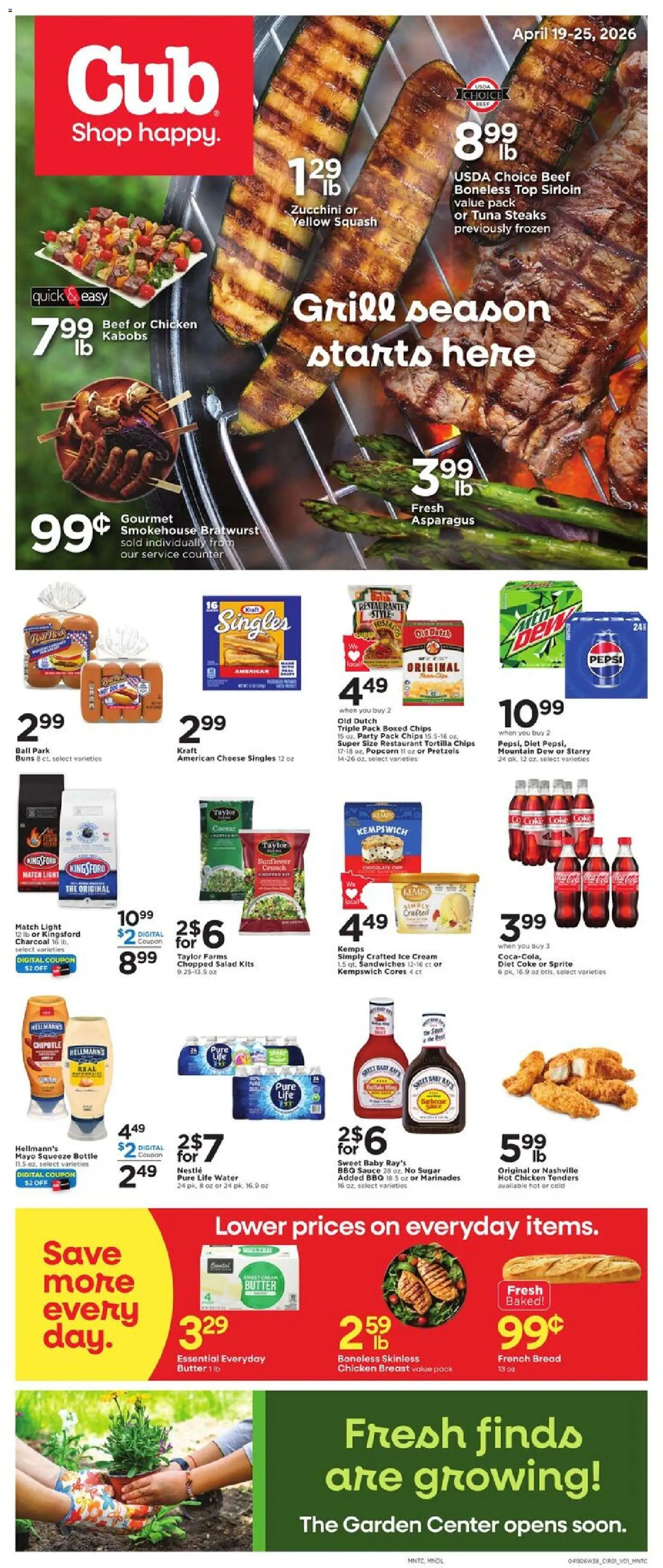 Ad Preview of Cub Foods Cub Foods Weekly Ad from 04/19/2026 - Water, Salad, Butter, Squash, Sprite, Charcoal, Cream, Tortilla chips
