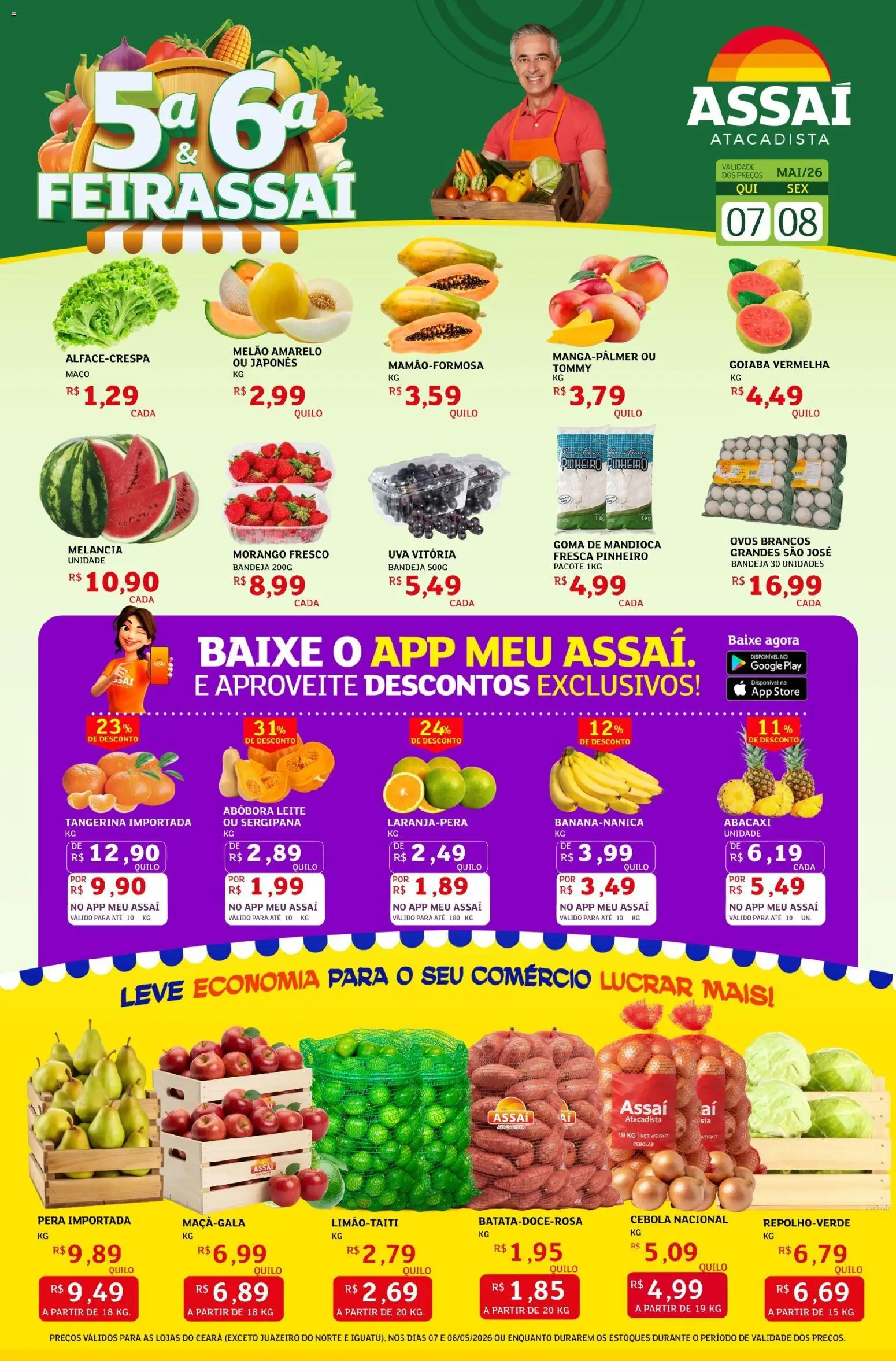 Pré-Visualização do folheto "Assaí Atacadista ofertas - CE" da loja Assaí Atacadista válido a partir de 07/05/2026 - Uva, Ovos, Abacaxi, Abóbora, Goiaba, Pera, Cebola, Bandeja