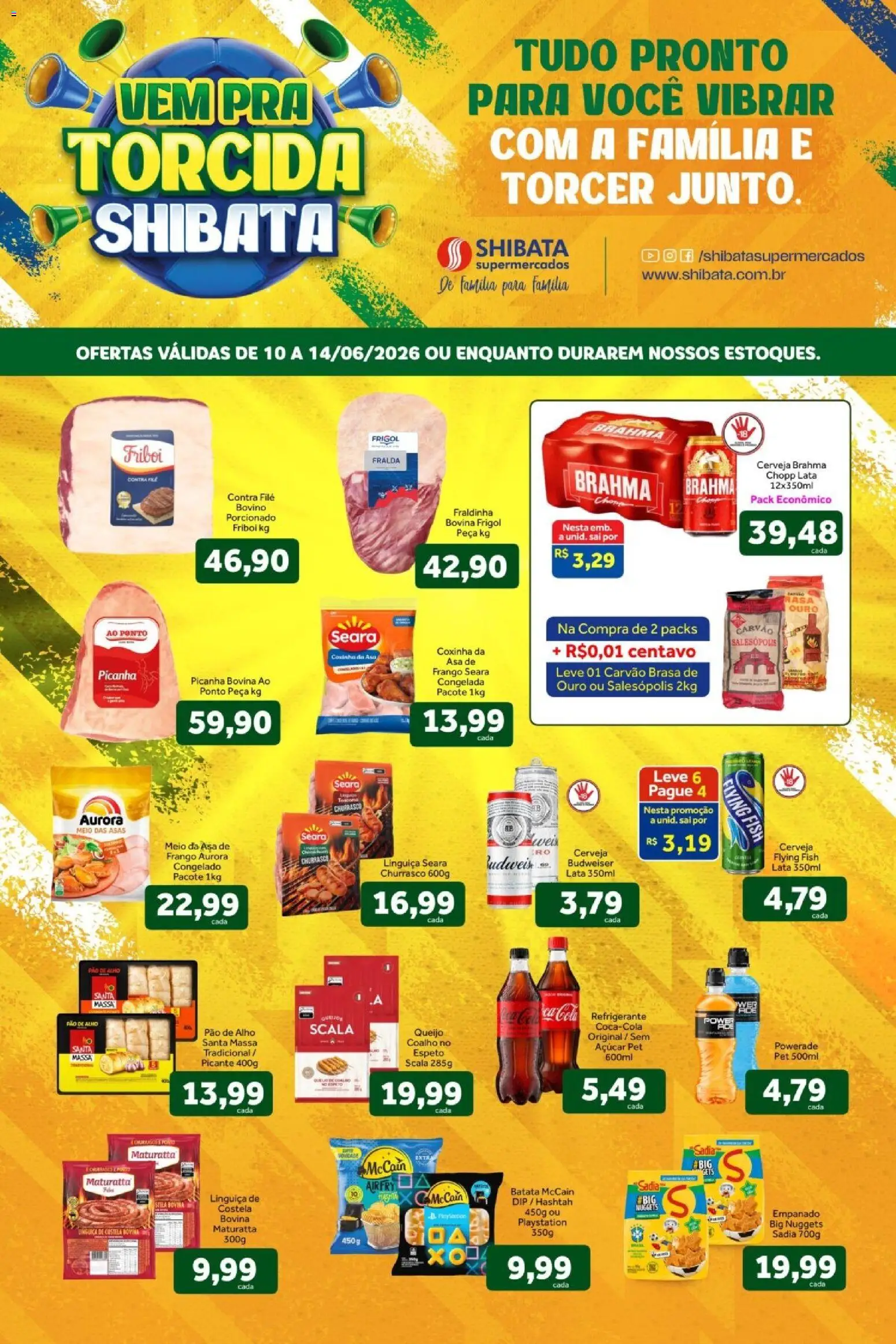 Pré-Visualização do folheto "Shibata ofertas Copa do Mundo" da loja Shibata válido a partir de 10/06/2026 - Playstation, Cerveja, Picanha, Pão, Pao de alho, Alho, Costela bovina, Contra filé