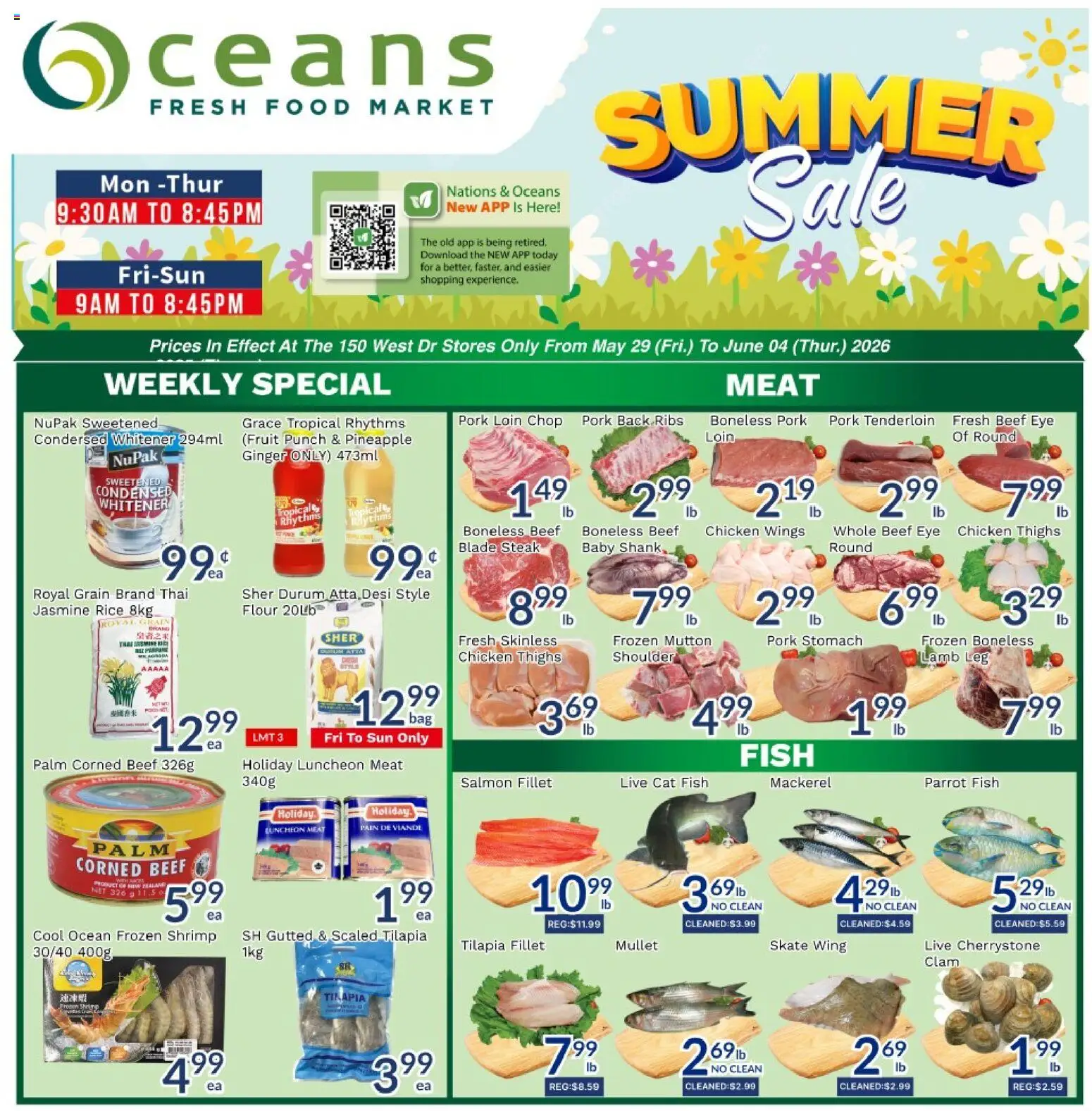 Preview of leaflet Oceans weekly flyer / circulaire from shop Oceans is valid from May 29, 2026 - Food, Shrimp, Bag, Lamb, Rice, Ginger, Flour, Mackerel