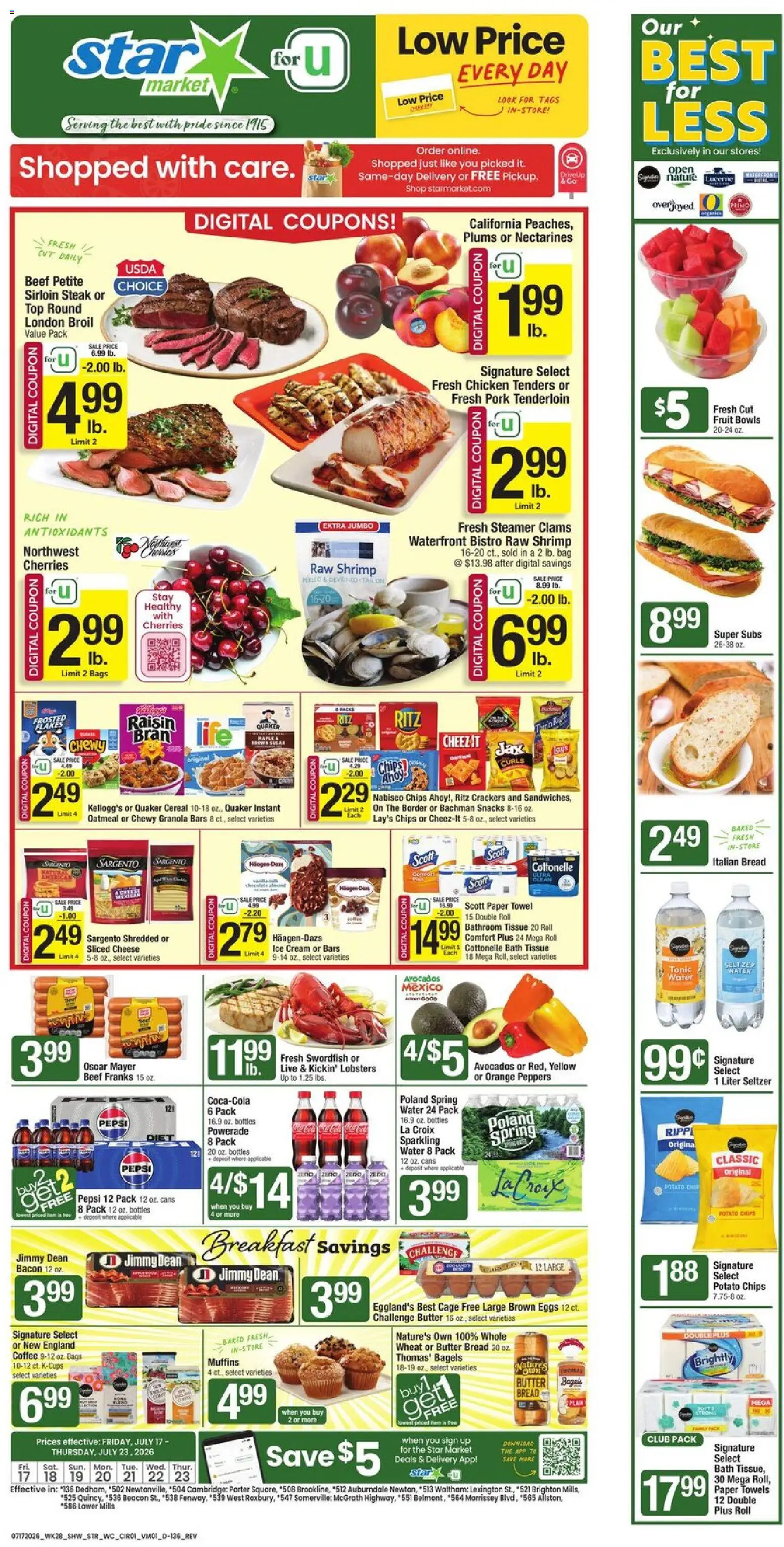 Ad Preview of Star Market Star Market Weekly Ad - MA from 07/17/2026 - Coffee, Snacks, Cherries, Cereal, Butter, Crackers, Bath, Pork