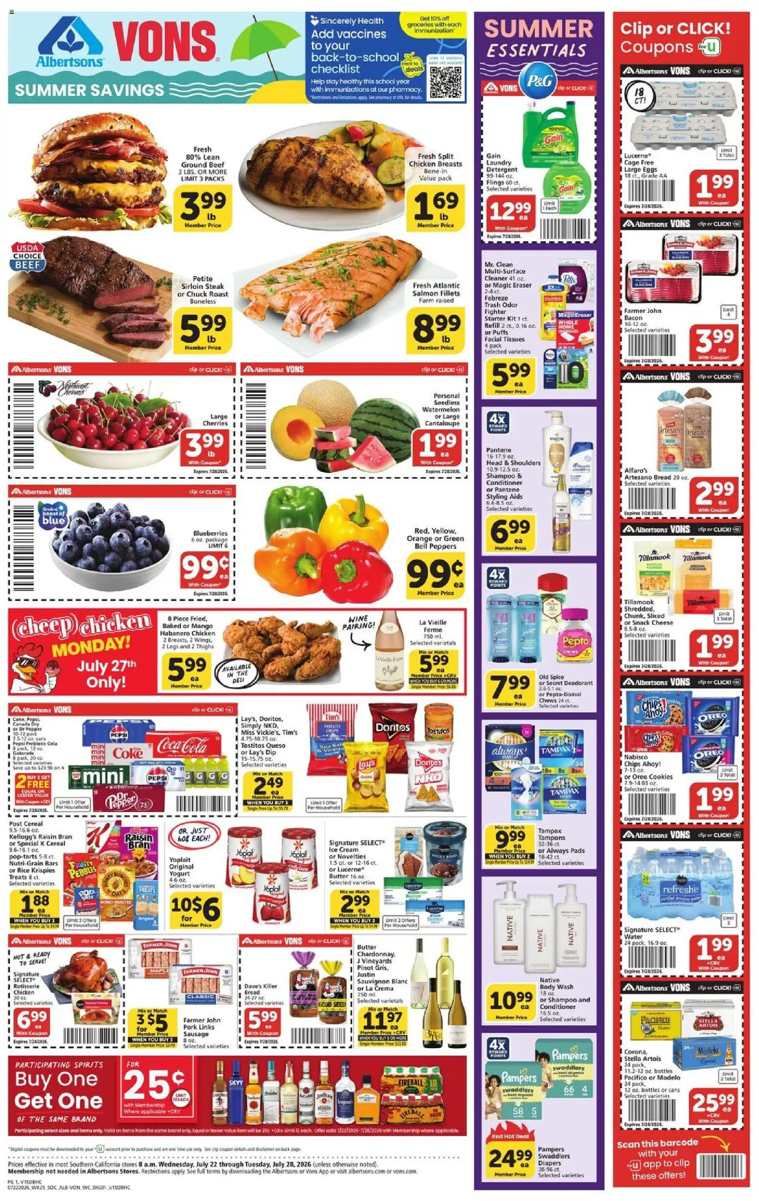 Ad Preview of Vons Vons Weekly Ad from 07/22/2026 - Steak, Eggs, Wine, Cherries, Pads, Bacon, Pork, Conditioner