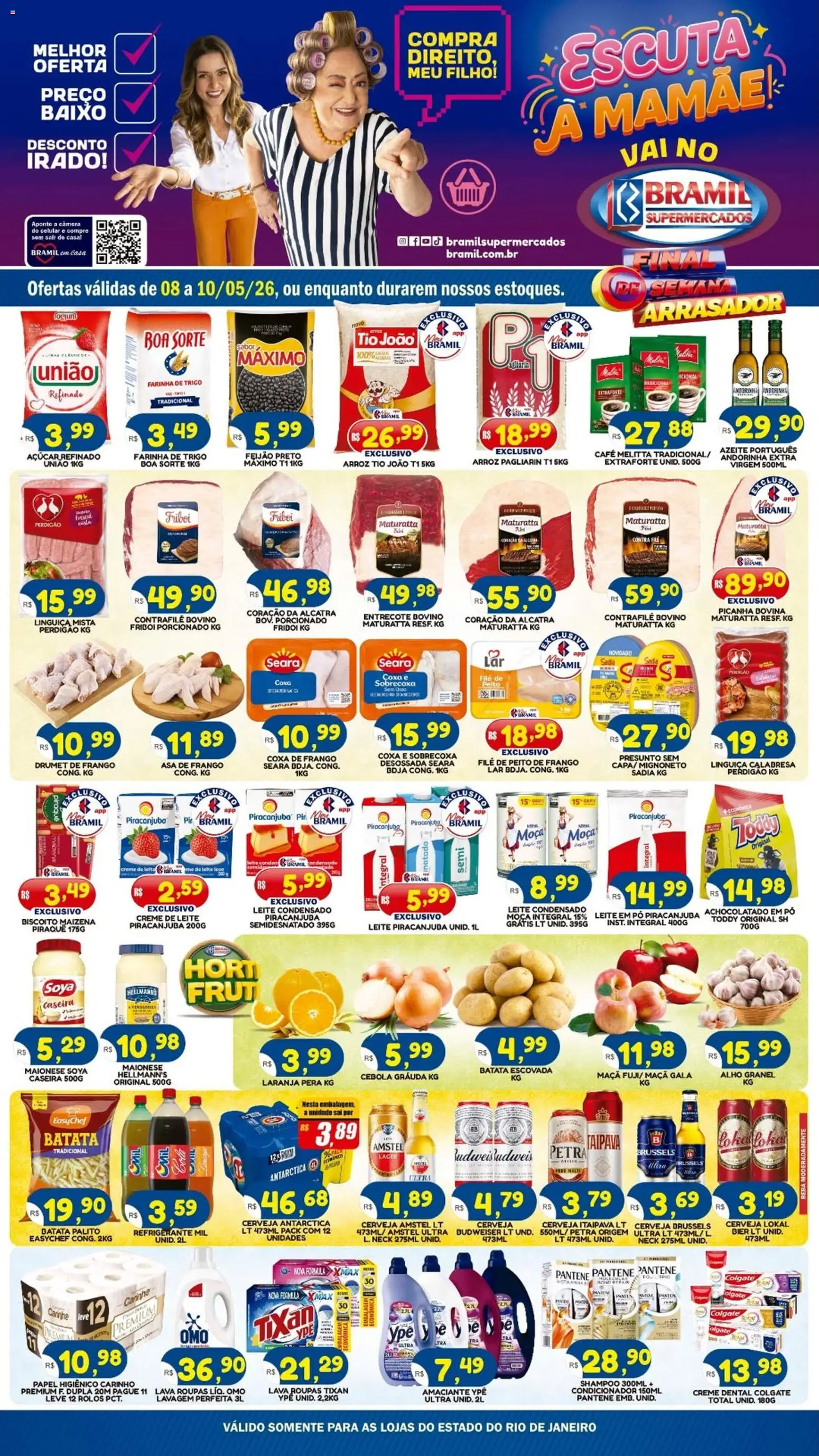 Pré-Visualização do folheto "Bramil Supermercados - Ofertas da semana" da loja Bramil Supermercados válido a partir de 08/05/2026 - Leite condensado, Feijão, Biscoito, Leite, Frango, Peito de frango, Linguiça, Presunto