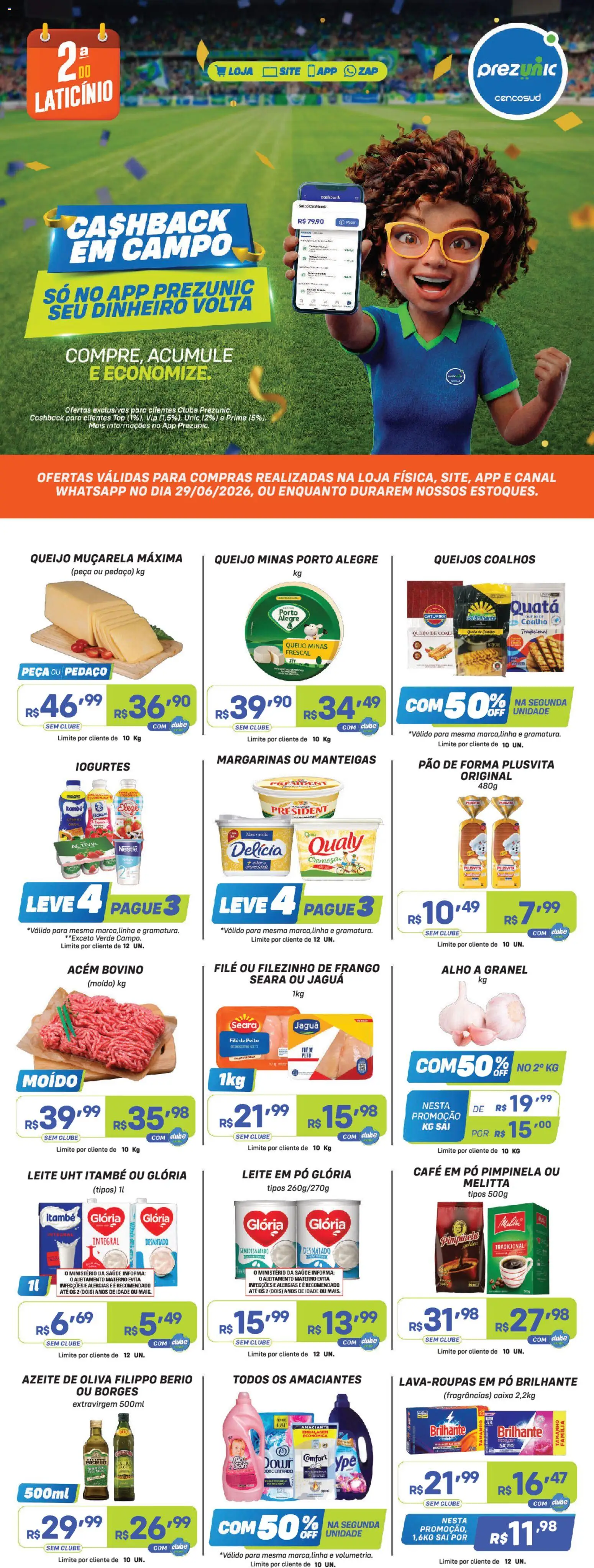 Pré-Visualização do folheto "Prezunic ofertas" da loja Prezunic válido a partir de 29/06/2026 - Café, Frango, Azeite, Pão de forma, Amaciante, Alho, Queijo muçarela, Acém