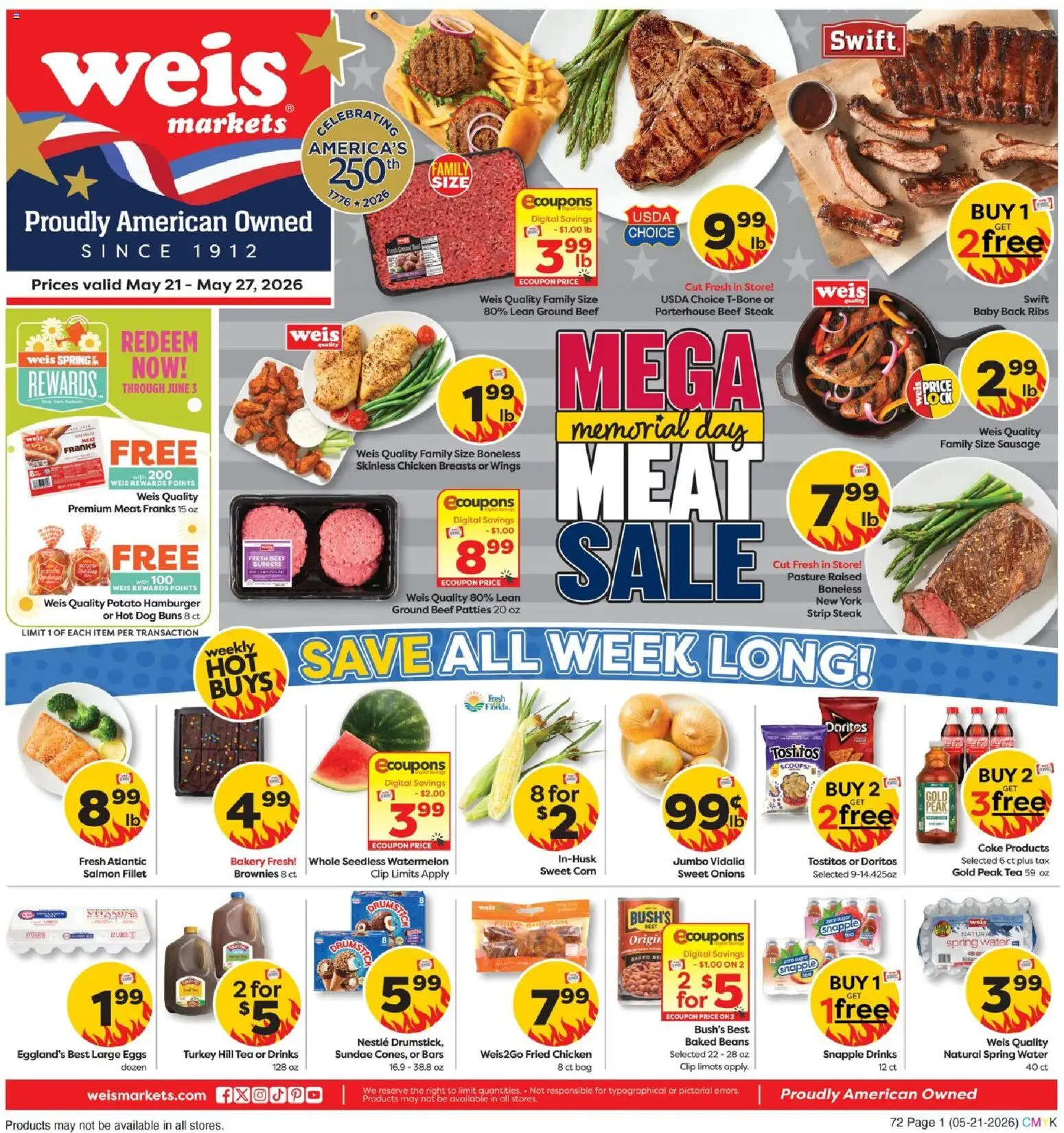 Ad Preview of Weis Weis Weekly Ad from 05/21/2026 - Eggs, Corn, Meat, Beef, Chicken breasts, Clip, Spring water, Beef steak
