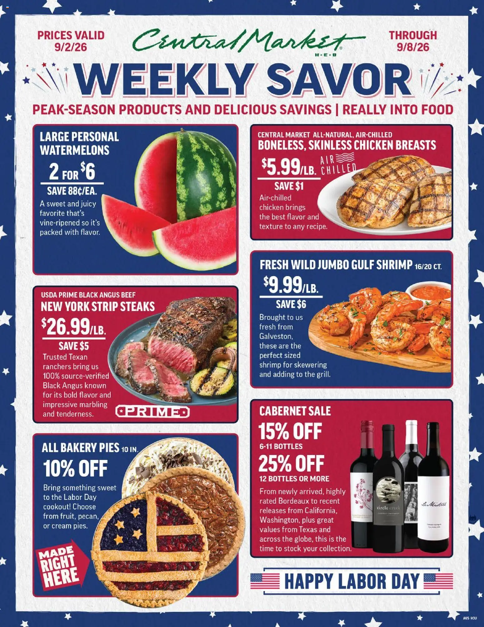 Ad Preview of Central Market Central Market Weekly Ad from 09/02/2026 - Bakery, Shrimp, Beef, Chicken breasts, Cream, Chicken