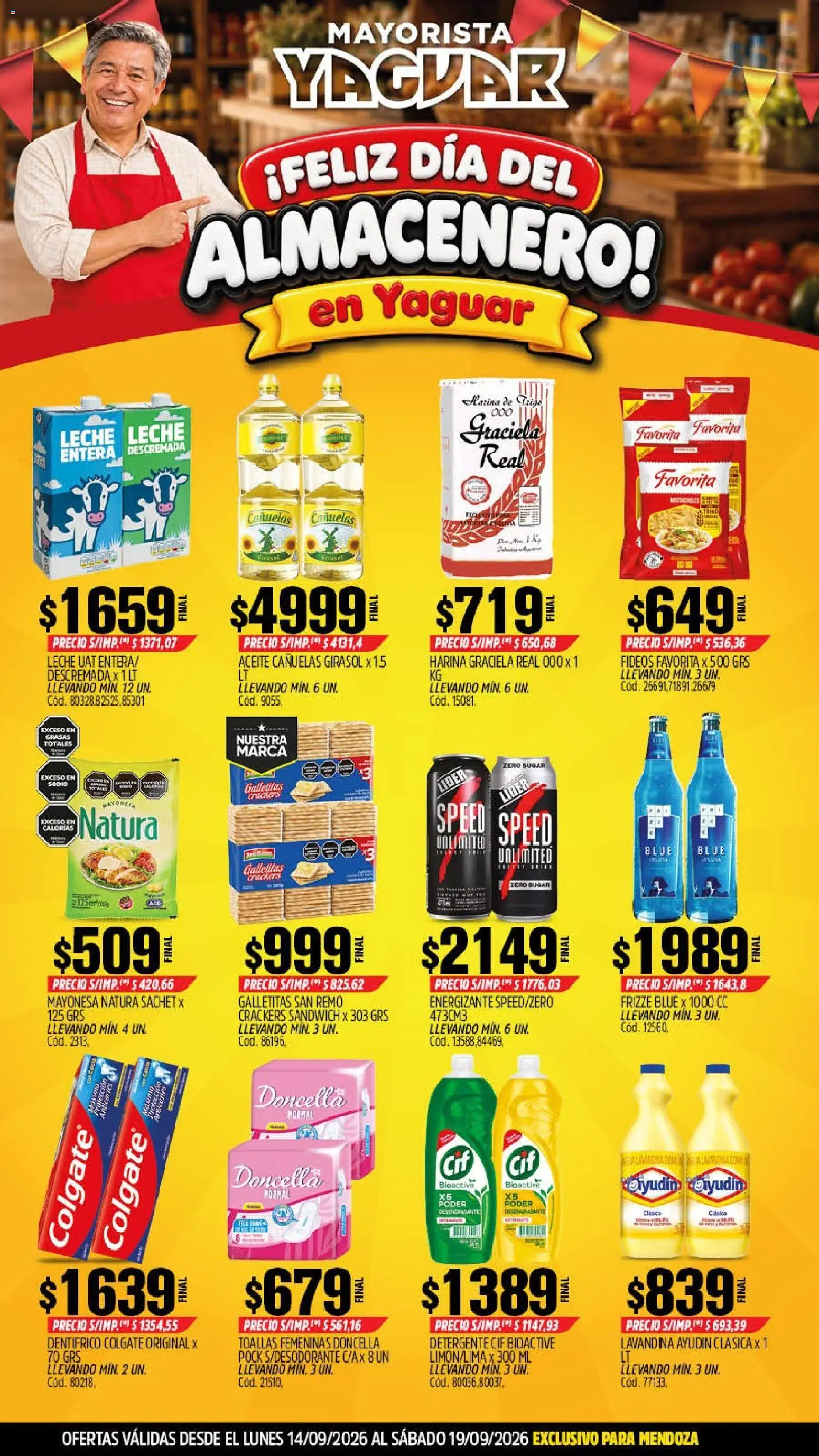 Vista previa del folleto de la tienda Yaguar válido desde el 14/09/2026 - Galletitas, Aceite, Harina, Leche, Fideos, Toallas, Mayonesa, Detergente