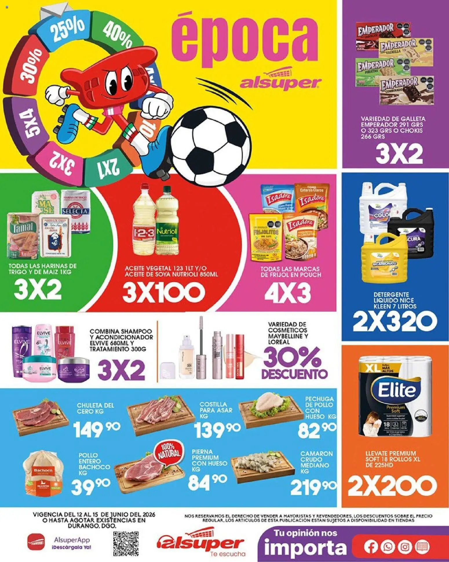 Vista previa las ofertas de la tienda Alsuper - Alsuper folleto Durango desde el 12/06/2026 - Shampoo, Maíz, Aceite, Vainilla, Detergente, Aceite vegetal, Chuleta, Detergente líquido