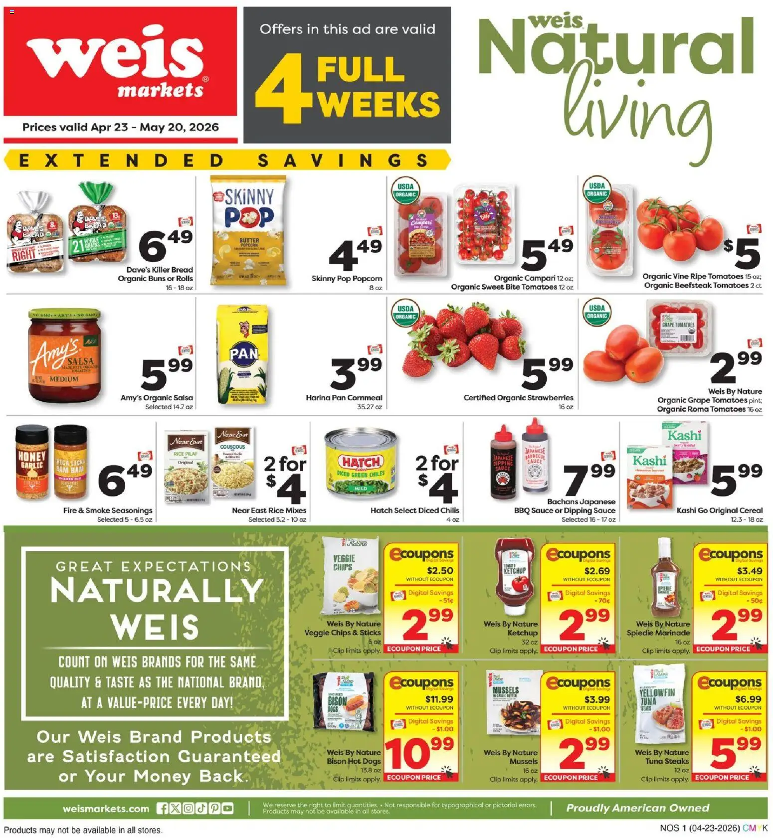 Ad Preview of Weis Weis Weis Natural & Living from 04/23/2026 - Chips, Strawberries, Pan, Butter, Campari, Clip, Grains, Barbecue sauce