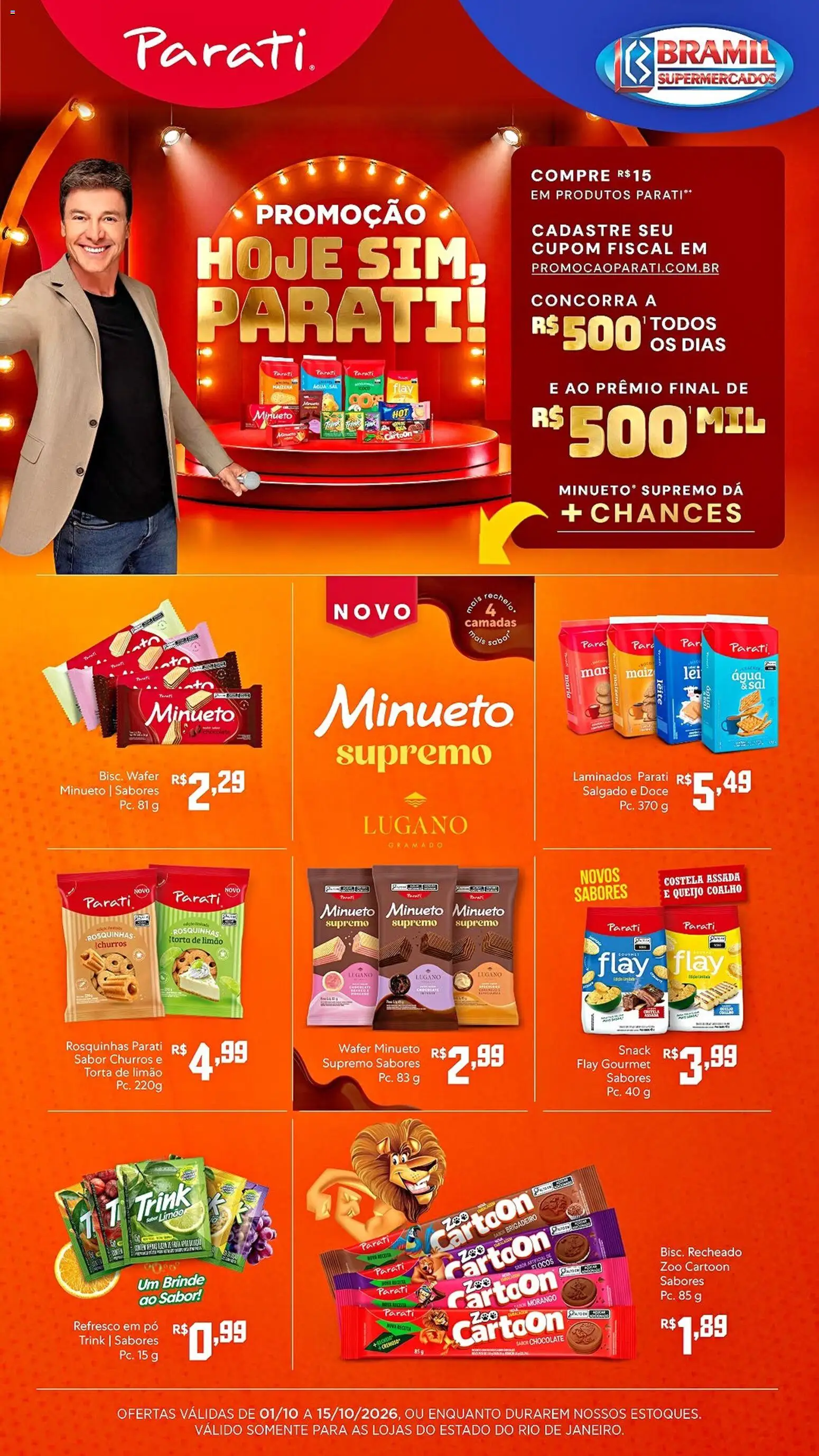 Pré-Visualização do folheto "Bramil Supermercados ofertas Parati" da loja Bramil Supermercados válido a partir de 01/10/2026 - Água, Sal, Leite, Queijo, Doce, Queijo coalho, Flocos, Refresco