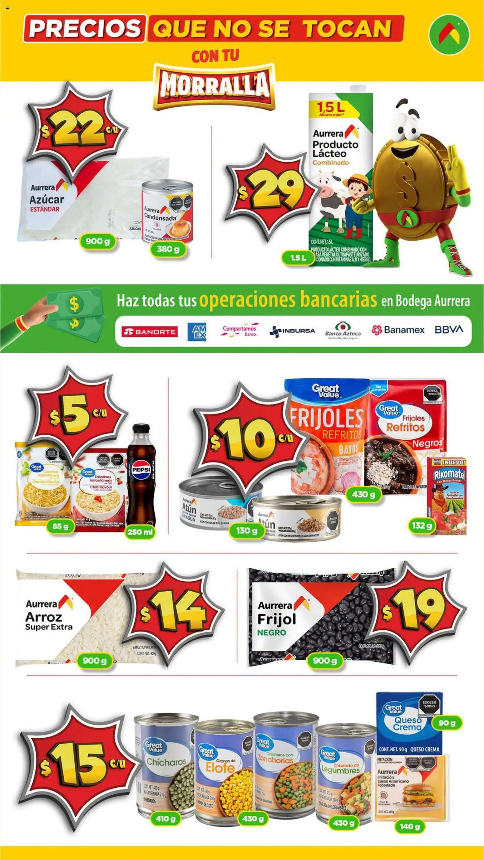 Vista previa las ofertas de la tienda Bodega Aurrerá - Bodega Aurrerá folleto Morralla - Precios que no se tocan desde el 17/09/2026 - Banco, Ensalada, Azúcar, Frijoles, Queso crema, Atún, Chícharos, Zanahorias