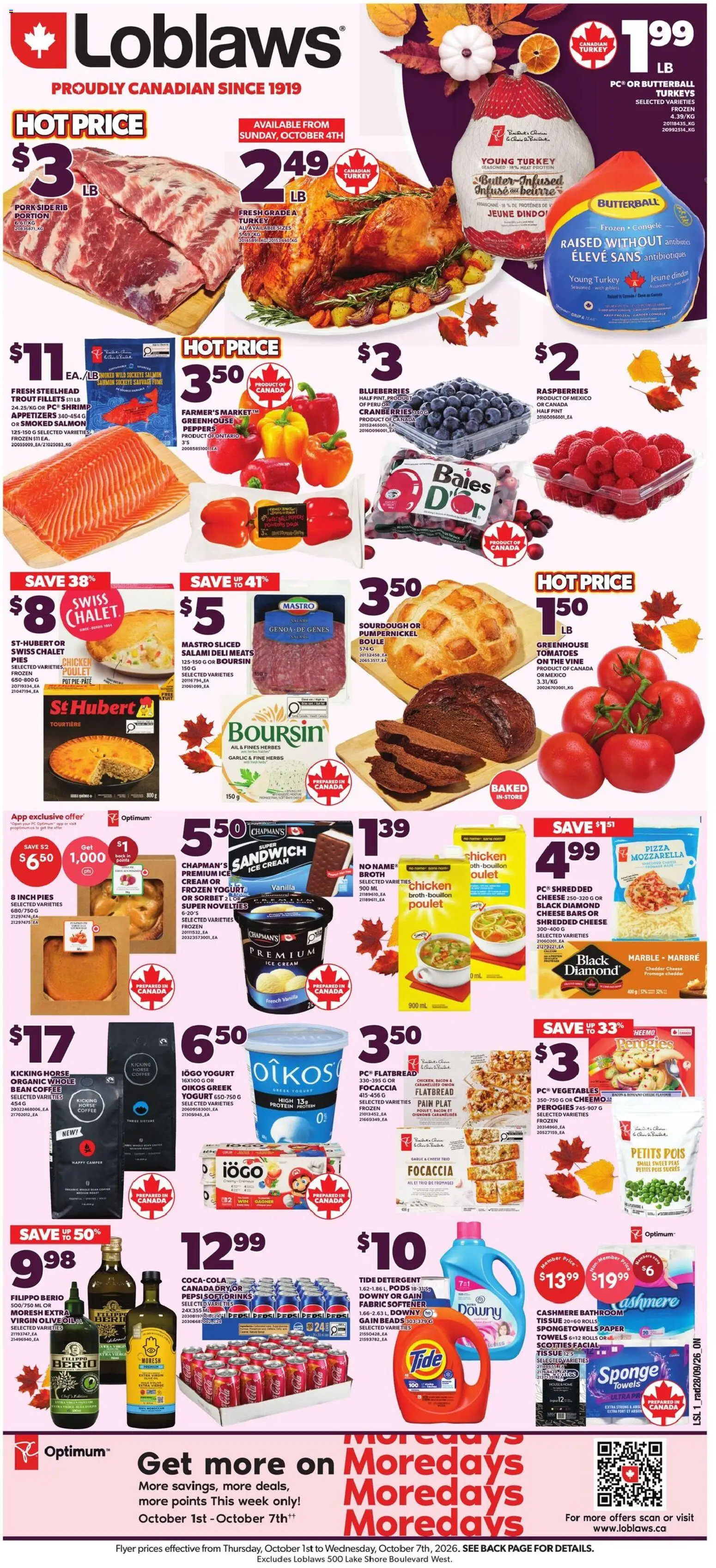Preview of leaflet Loblaws weekly flyer / circulaire from shop Loblaws is valid from Oct 01, 2026 - Pizza, Chicken, Turkey, Ice, Vegetables, Cranberries, Mozzarella, Pâté