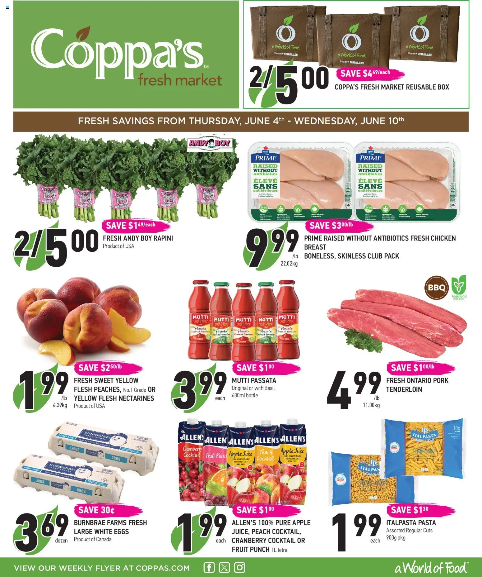 Preview of leaflet Coppas Fresh Market weekly flyer / circulaire from shop Coppas Fresh Market is valid from Jun 04, 2026 - Food, Pasta, Fruit, Eggs, Box, Pork, Nectarines, Apple juice