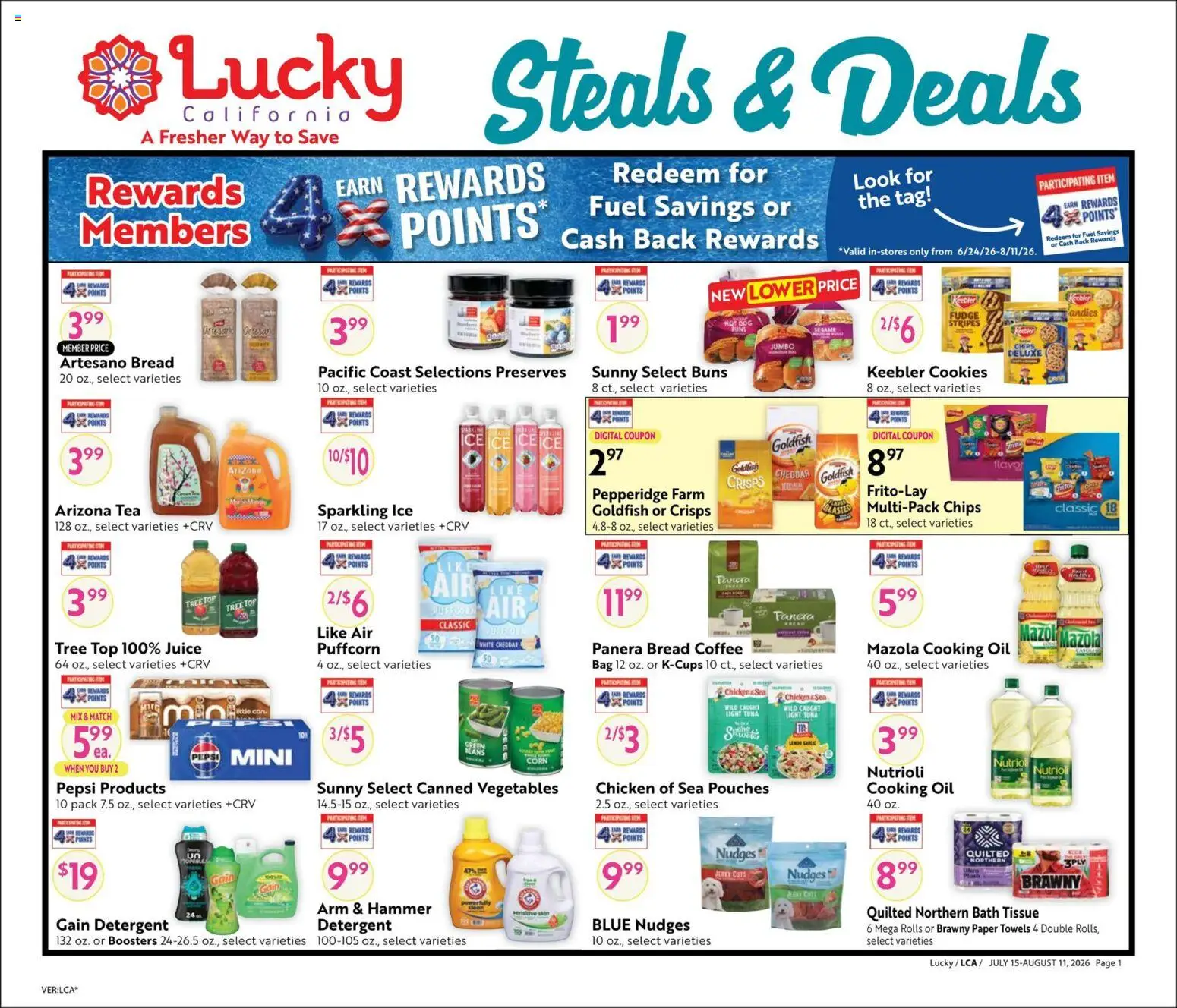 Ad Preview of Lucky Supermarkets Lucky Supermarkets Online Savings Guide - CA from 07/15/2026 - Tea, Corn, Pepsi, Oil, Tuna, Bath, Detergent, Canned vegetables