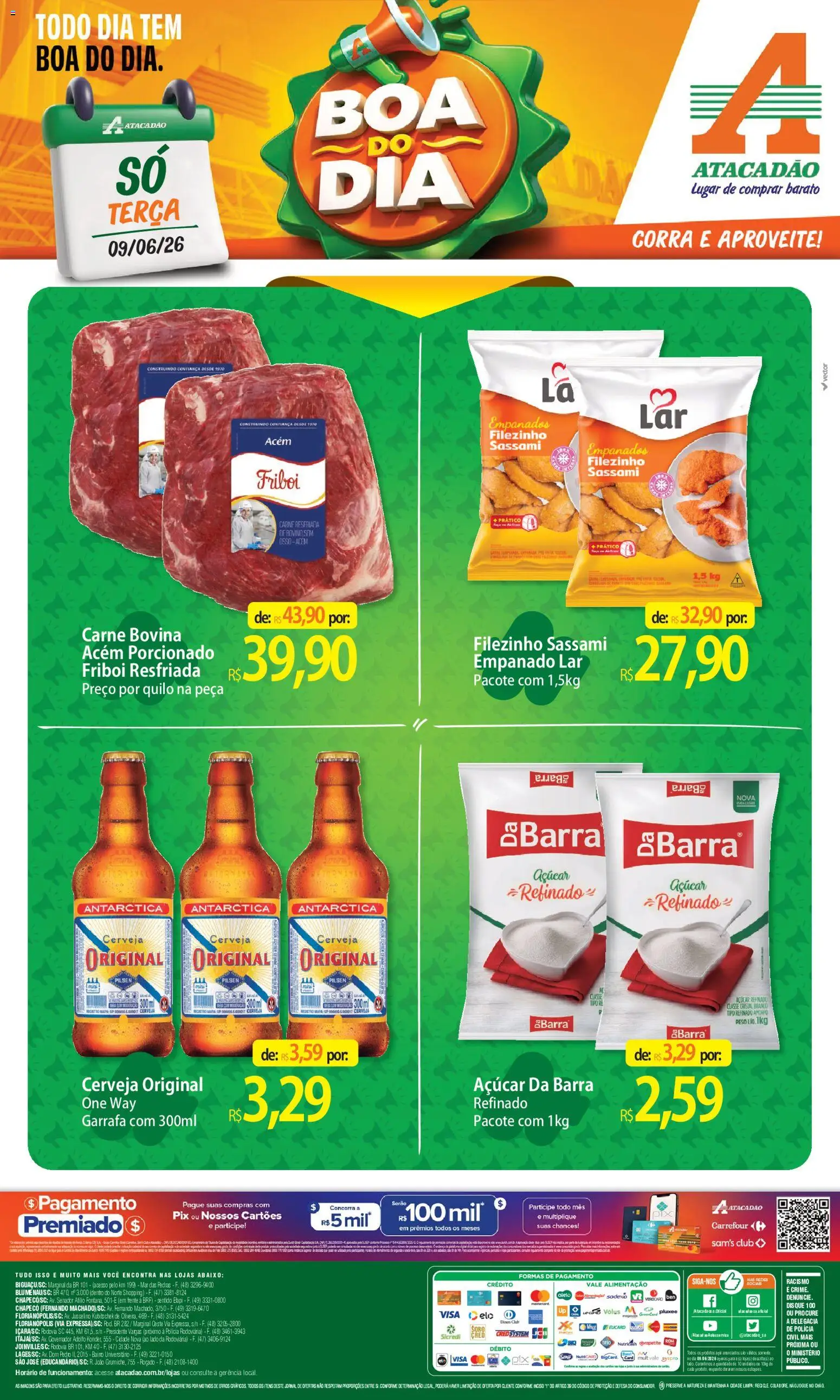 Pré-Visualização do folheto "Atacadão ofertas - SC" da loja Atacadão válido a partir de 09/06/2026 - Cerveja, Carne, Açúcar, Carne bovina, Acém