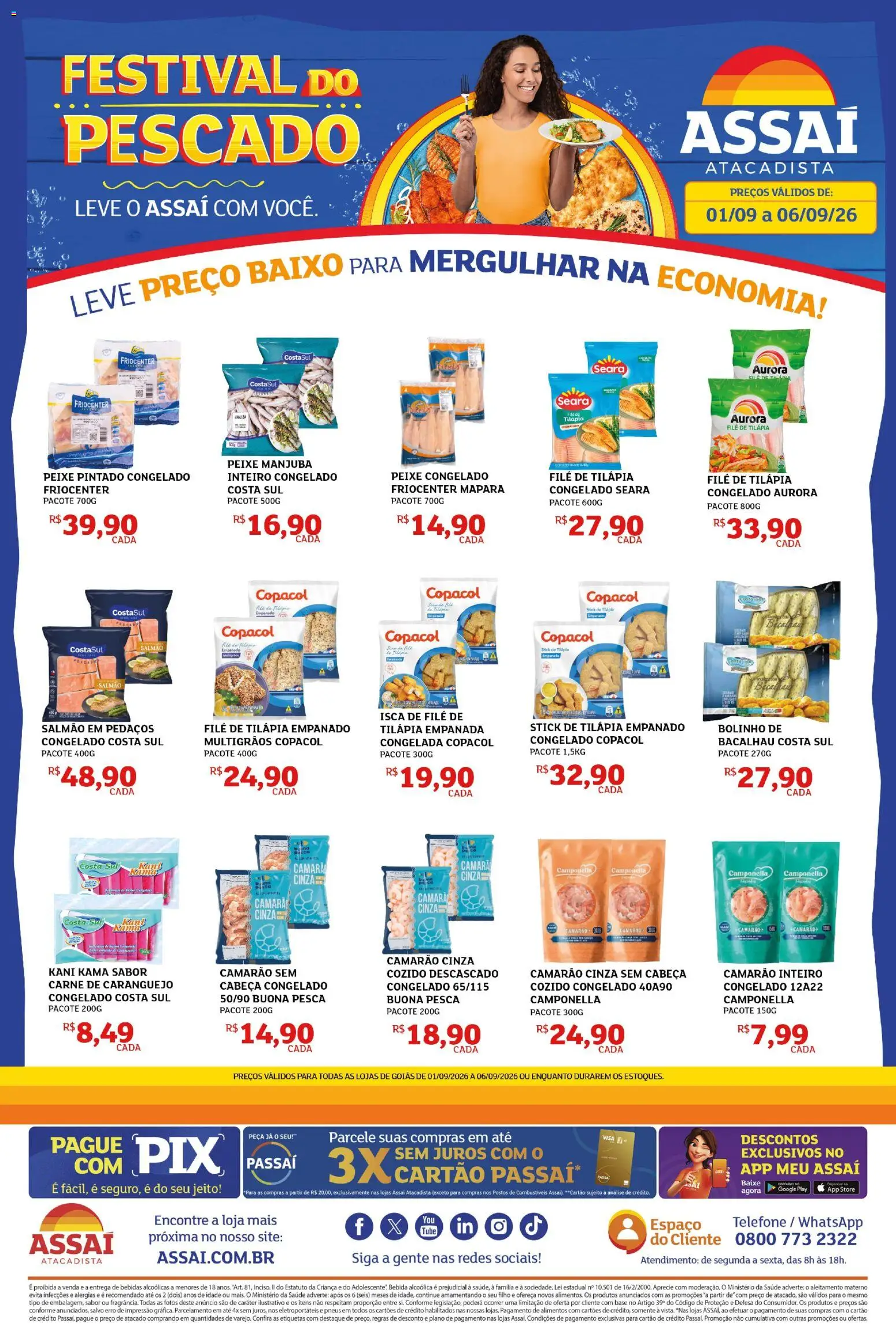 Pré-Visualização do folheto "Assaí Atacadista ofertas - GO" da loja Assaí Atacadista válido a partir de 01/09/2026 - Telefone, Caranguejo, Camarão, Bebida, Carne, Salmão, Baixo, Tilápia