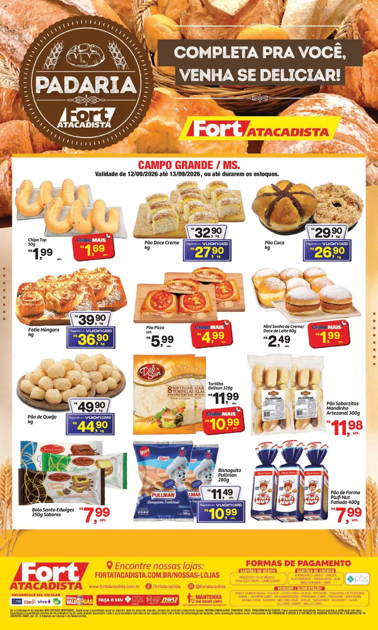 Pré-Visualização do folheto "Fort Atacadista ofertas Padaria" da loja Fort Atacadista válido a partir de 12/09/2026 - Bolo, Chocolate, Sonho, Bebidas, Pão, Pão de forma, Pão doce, Faca