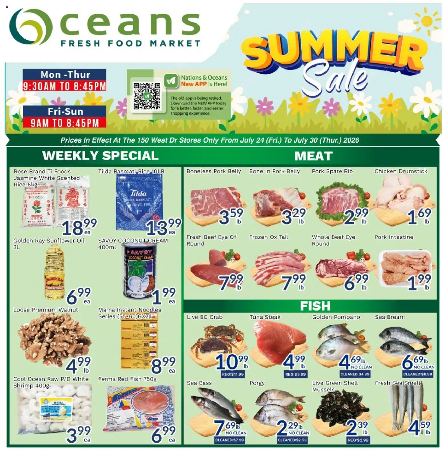 Preview of leaflet Oceans weekly flyer / circulaire from shop Oceans is valid from Jul 24, 2026 - Food, Steak, Sunflower, Meat, Oil, Tuna, Pork, Boneless pork belly