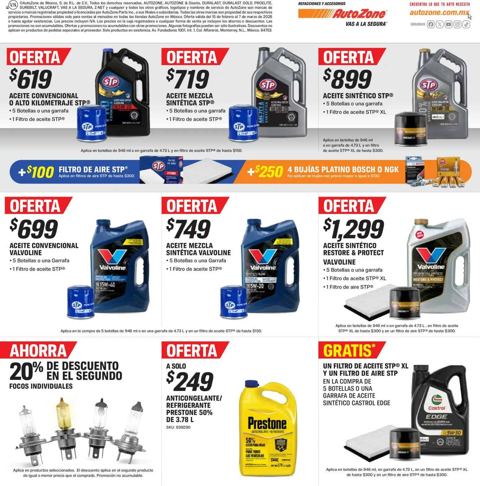 Vista previa las ofertas de la tienda AutoZone - Catálogo desde el 15/02/2026 - Aceite, Focos, Caja