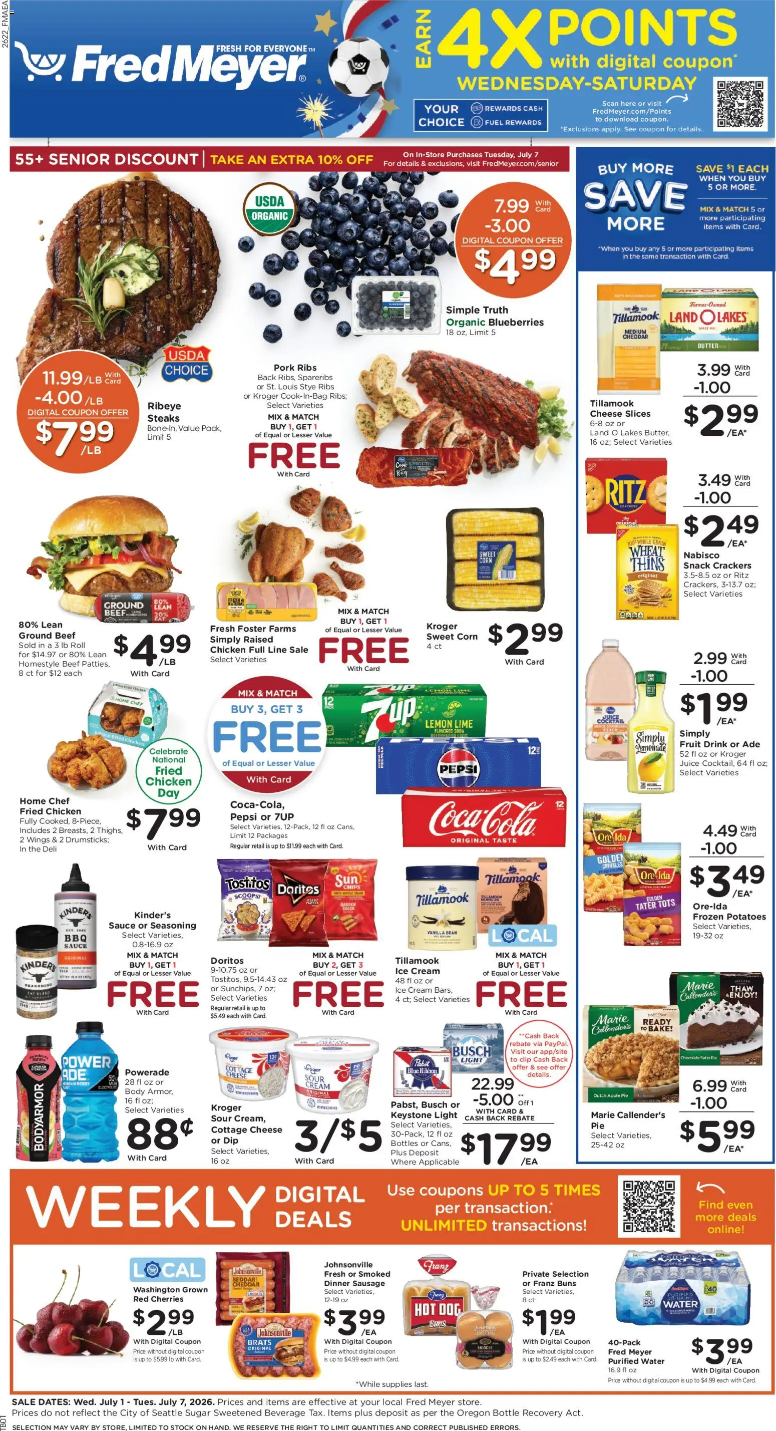 Ad Preview of Fred Meyer Fred Meyer Weekly Ad from 07/01/2026 - Blueberries, Lemonade, Lemon, Sausage, Beef, Crackers, Pork ribs, Chicken mix