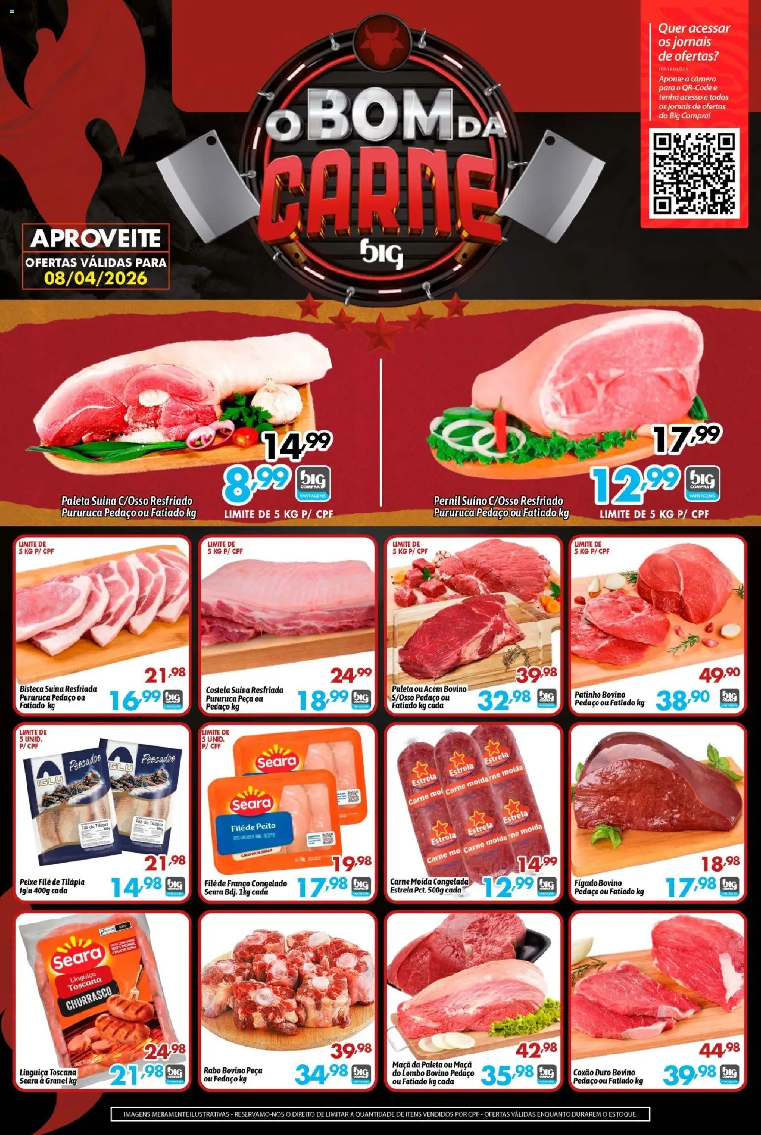 Pré-Visualização do folheto "Big Compra - Ofertas da semana" da loja Big Compra válido a partir de 08/04/2026 - Câmera, Carne, Frango, Carne moída, Filé de frango, Lombo, Tilápia, Pernil suíno