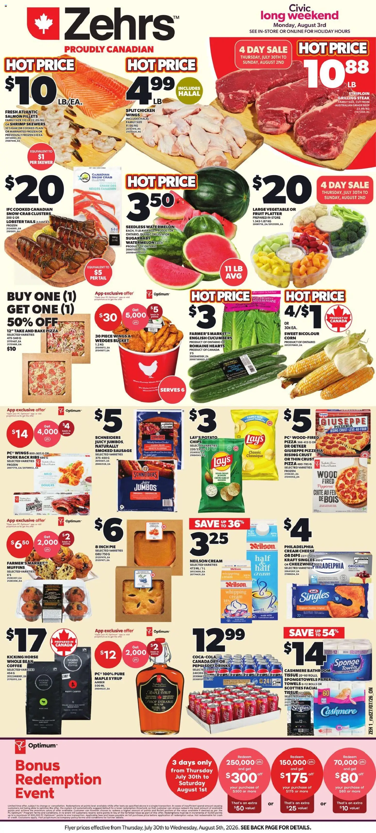 Preview of leaflet Zehrs weekly flyer / circulaire from shop Zehrs is valid from Jul 30, 2026 - Drinks, Chips, Milk, Cucumbers, Towels, Sponge, Cheddar, Syrup