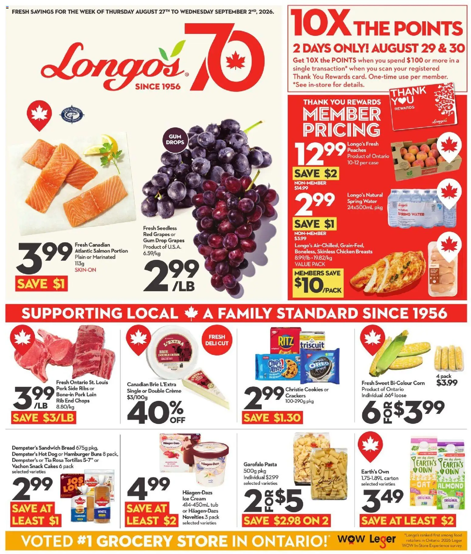 Preview of leaflet Longo's weekly flyer / circulaire from shop Longo's is valid from Aug 27, 2026 - Ice cream, Chicken, Pasta, Peaches, Corn, Oreo, Chicken breasts, Pork loin