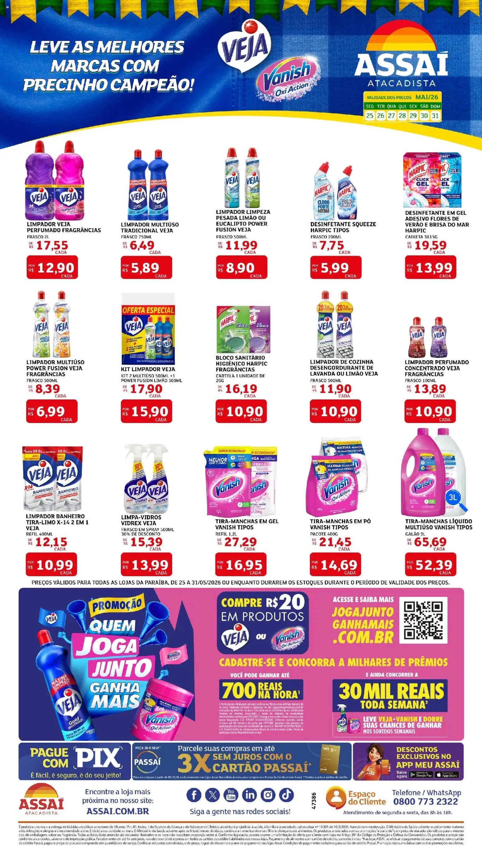 Pré-Visualização do folheto "Assaí Atacadista ofertas - PB" da loja Assaí Atacadista válido a partir de 25/05/2026 - Perfumes, Telefone, Bebidas, Desinfetante, Vanish, Pó, Limpador multiuso, Bloco sanitário