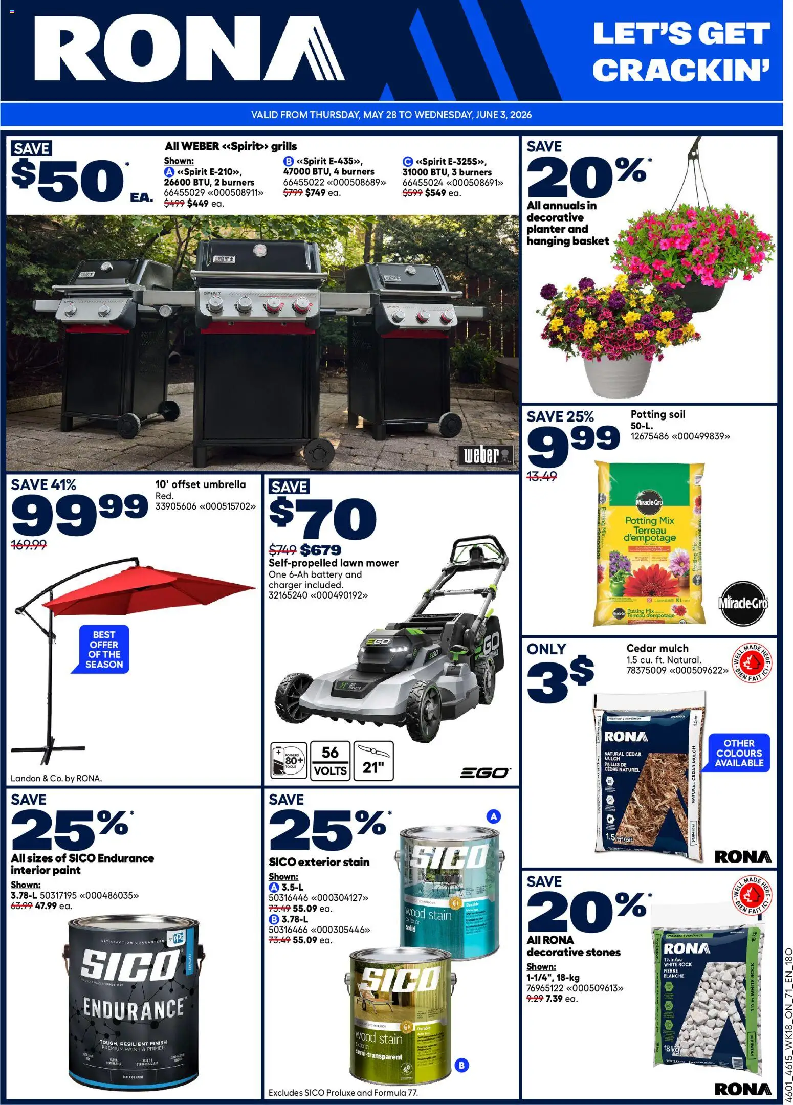 Preview of leaflet Rona weekly flyer from shop Rona is valid from May 28, 2026 - Tools, Battery, Umbrella, Basket, Soil, Mower