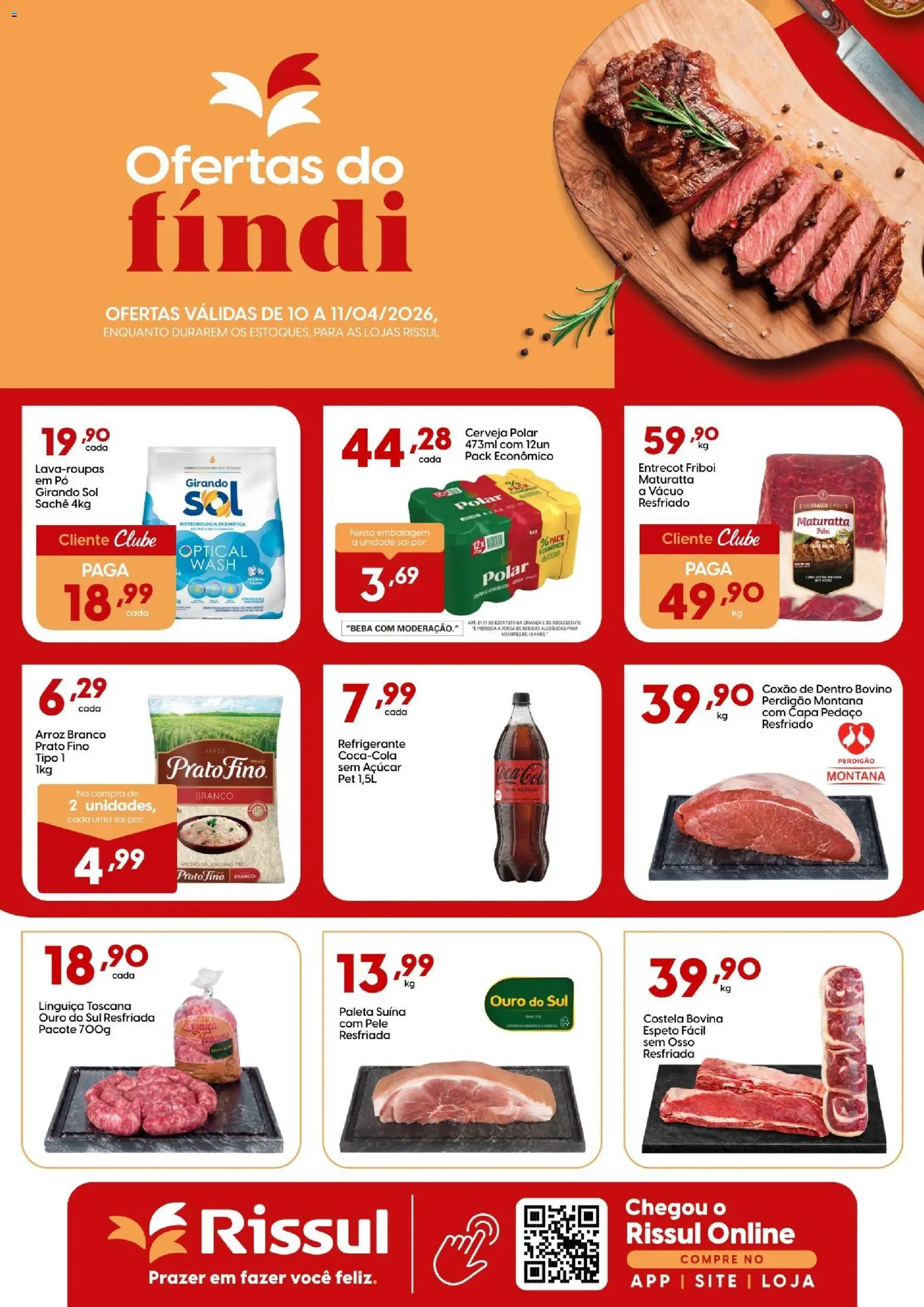 Pré-Visualização do folheto "Rissul ofertas do Fíndi" da loja Rissul válido a partir de 10/04/2026 - Cerveja, Sal, Arroz, Açúcar, Refrigerante, Linguiça, Costela bovina, Girando sol