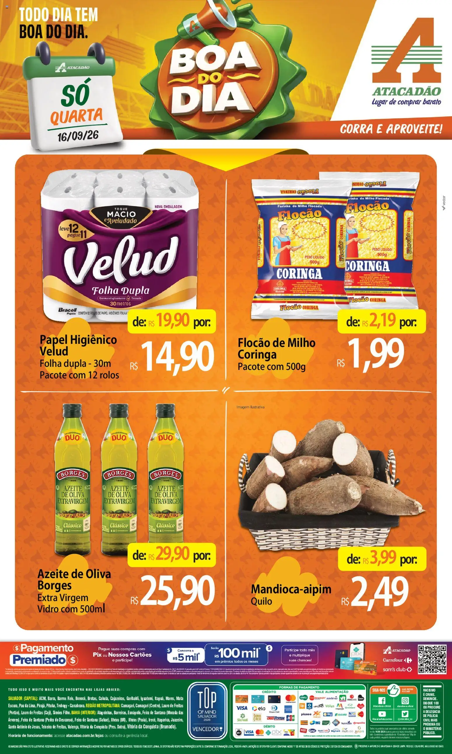 Pré-Visualização do folheto "Atacadão ofertas - BA" da loja Atacadão válido a partir de 16/09/2026 - Azeite, Milho, Azeite de oliva, Papel higiênico, Farinha
